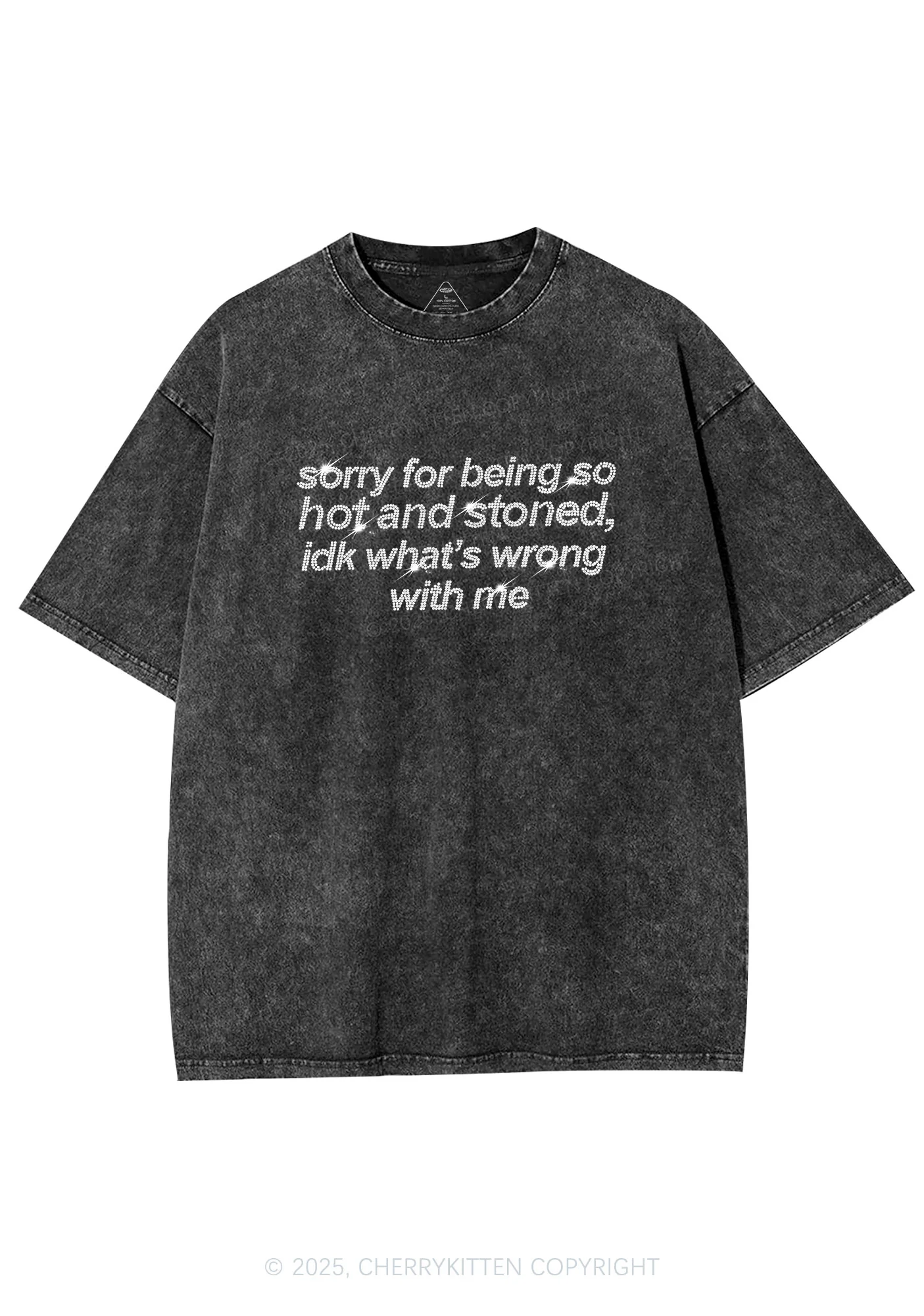Rhinestone Sorry For Being Hot And Stoned Y2K Shirts Washed Tee Cherrykitten - Image 3