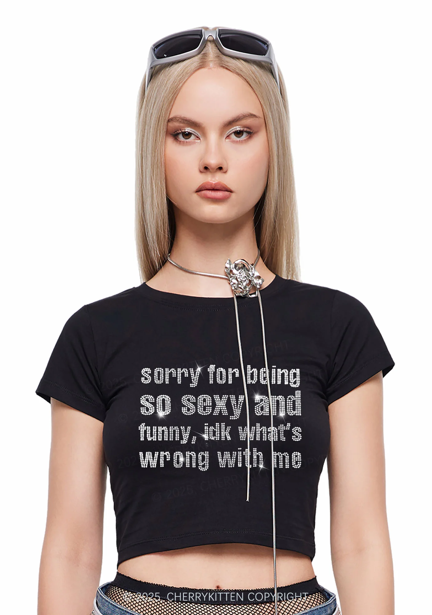 Rhinestone Sorry For Being So Funny Y2K Baby Tee Cherrykitten - Image 2