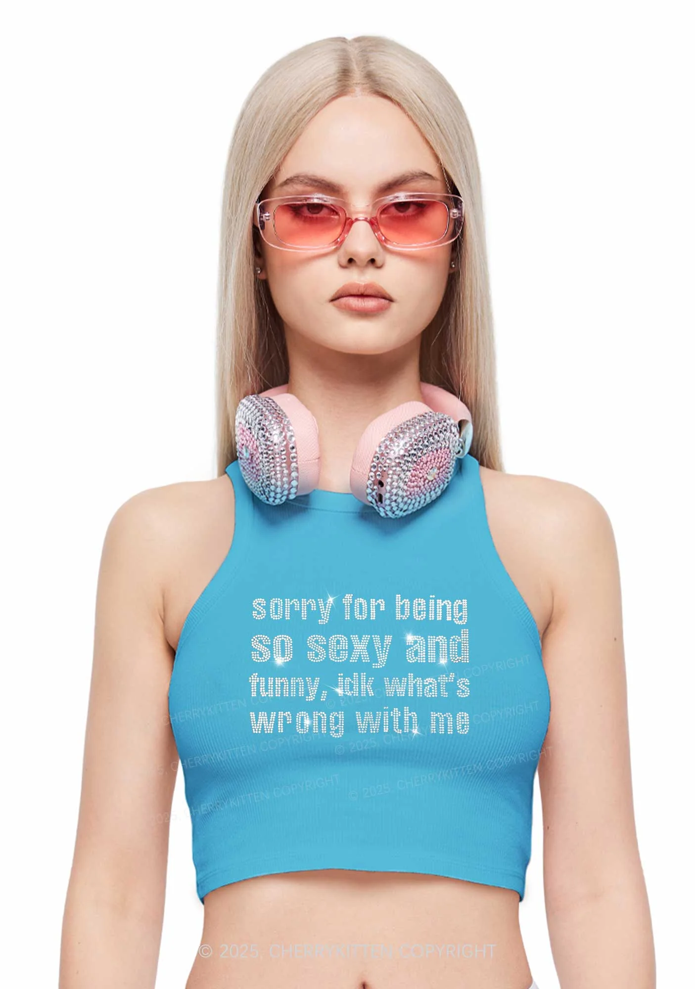 Rhinestone Sorry For Being So Funny Y2K Crop Tank Top Cherrykitten - Image 2