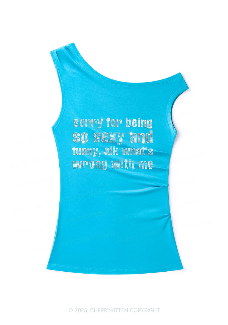 Rhinestone Sorry For Being So Funny Y2K Off Shoulder Tank Top Cherrykitten - Image 2