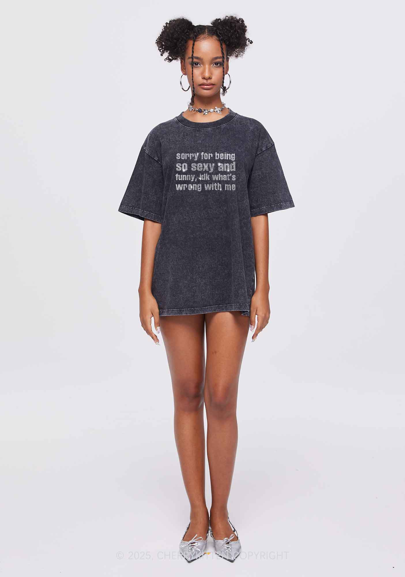 Rhinestone Sorry For Being So Funny Y2K Shirts Washed Tee Cherrykitten - Image 2