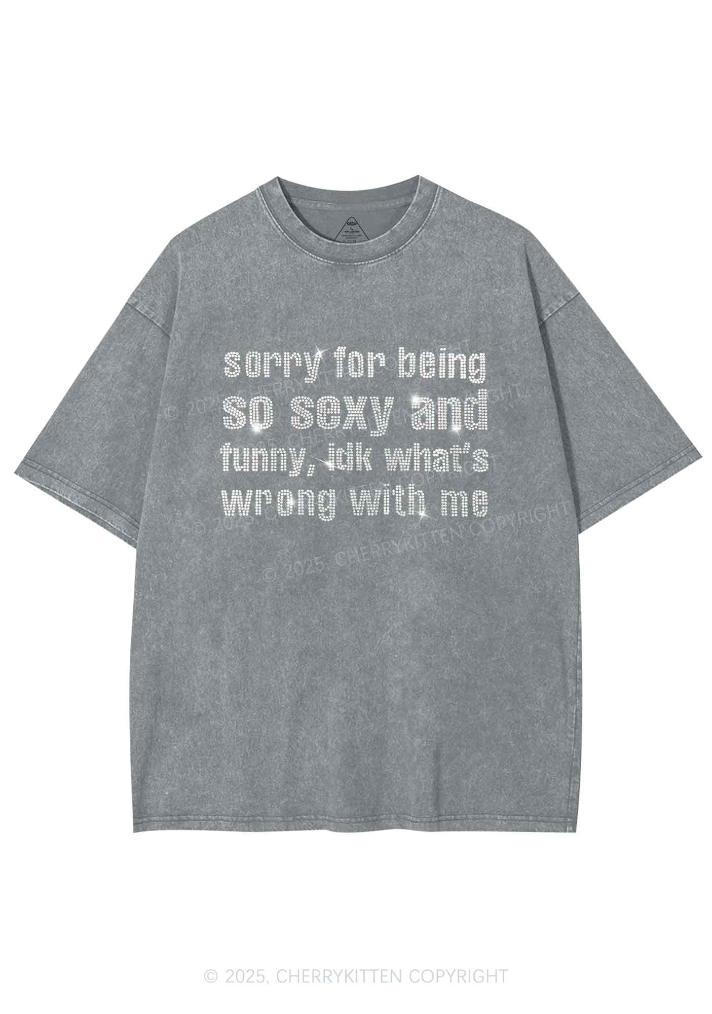 Rhinestone Sorry For Being So Funny Y2K Shirts Washed Tee Cherrykitten - Image 7