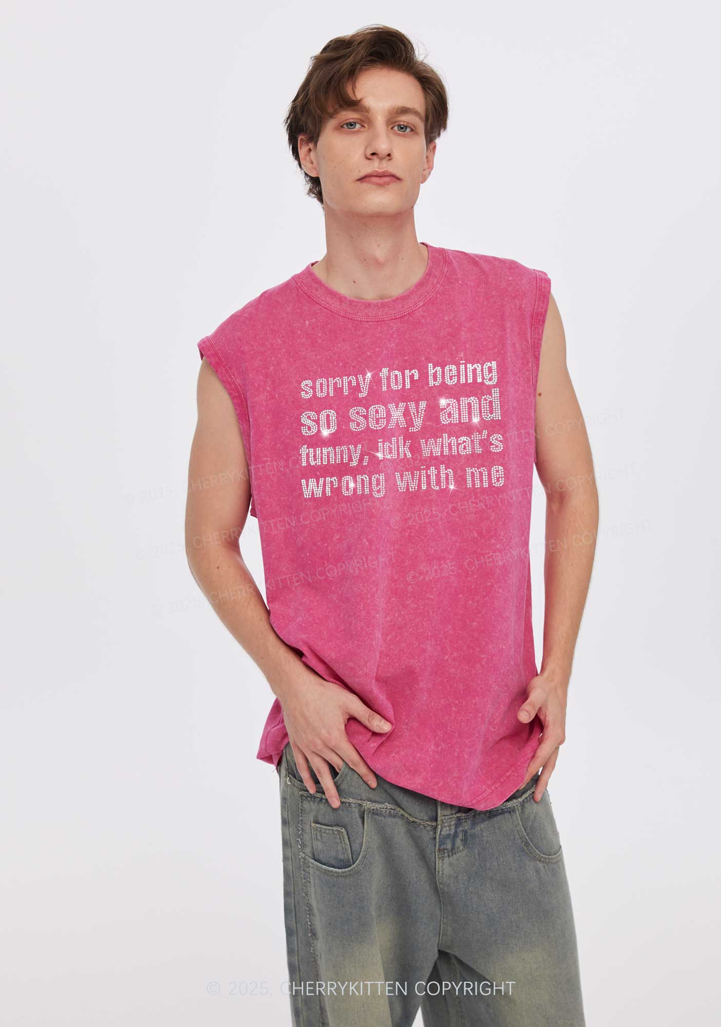 Rhinestone Sorry For Being So Funny Y2K Washed Muscle Tank Cherrykitten - Image 2