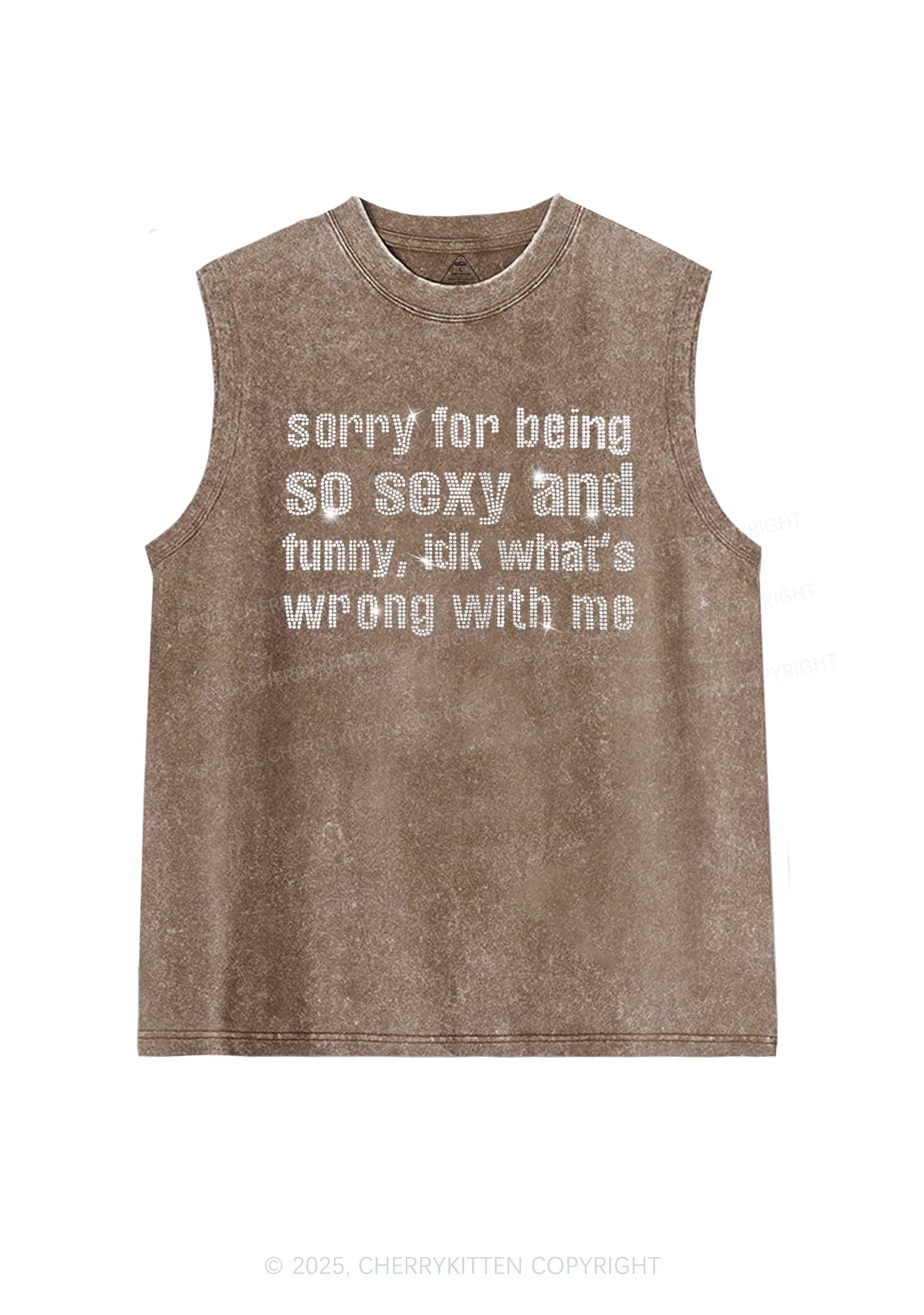 Rhinestone Sorry For Being So Funny Y2K Washed Muscle Tank Cherrykitten - Image 4