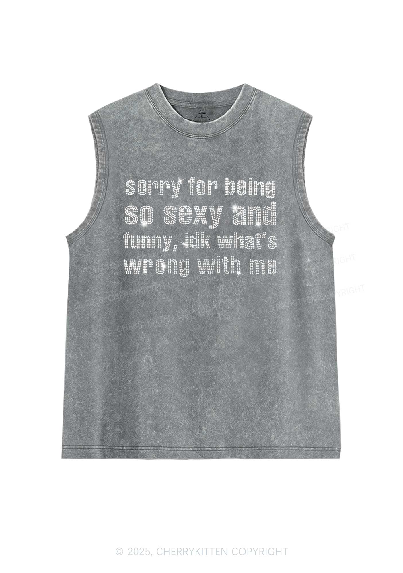 Rhinestone Sorry For Being So Funny Y2K Washed Muscle Tank Cherrykitten - Image 5