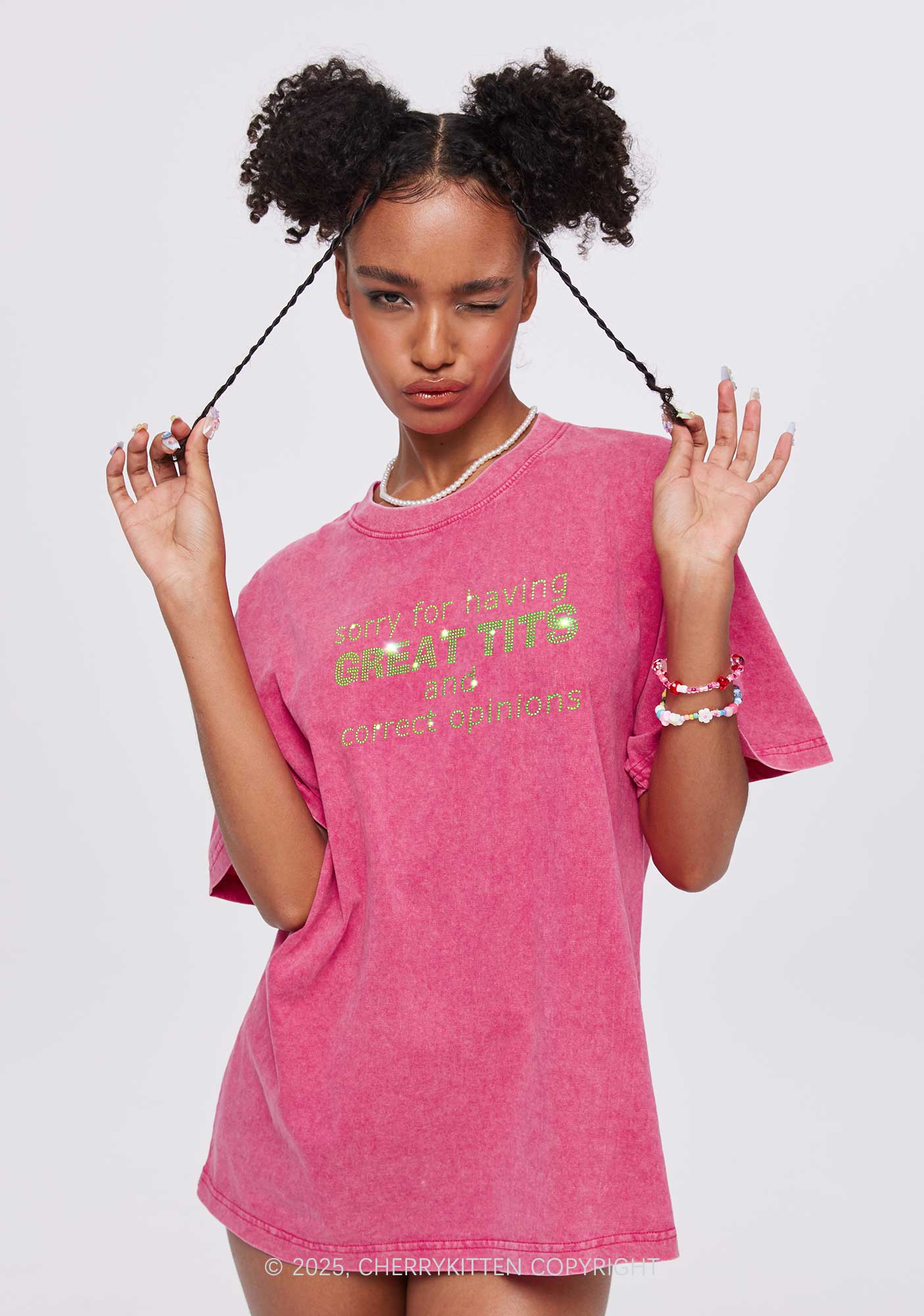 Rhinestone Sorry For Having Correct Opinions Y2K Shirts Washed Tee Cherrykitten - Image 2