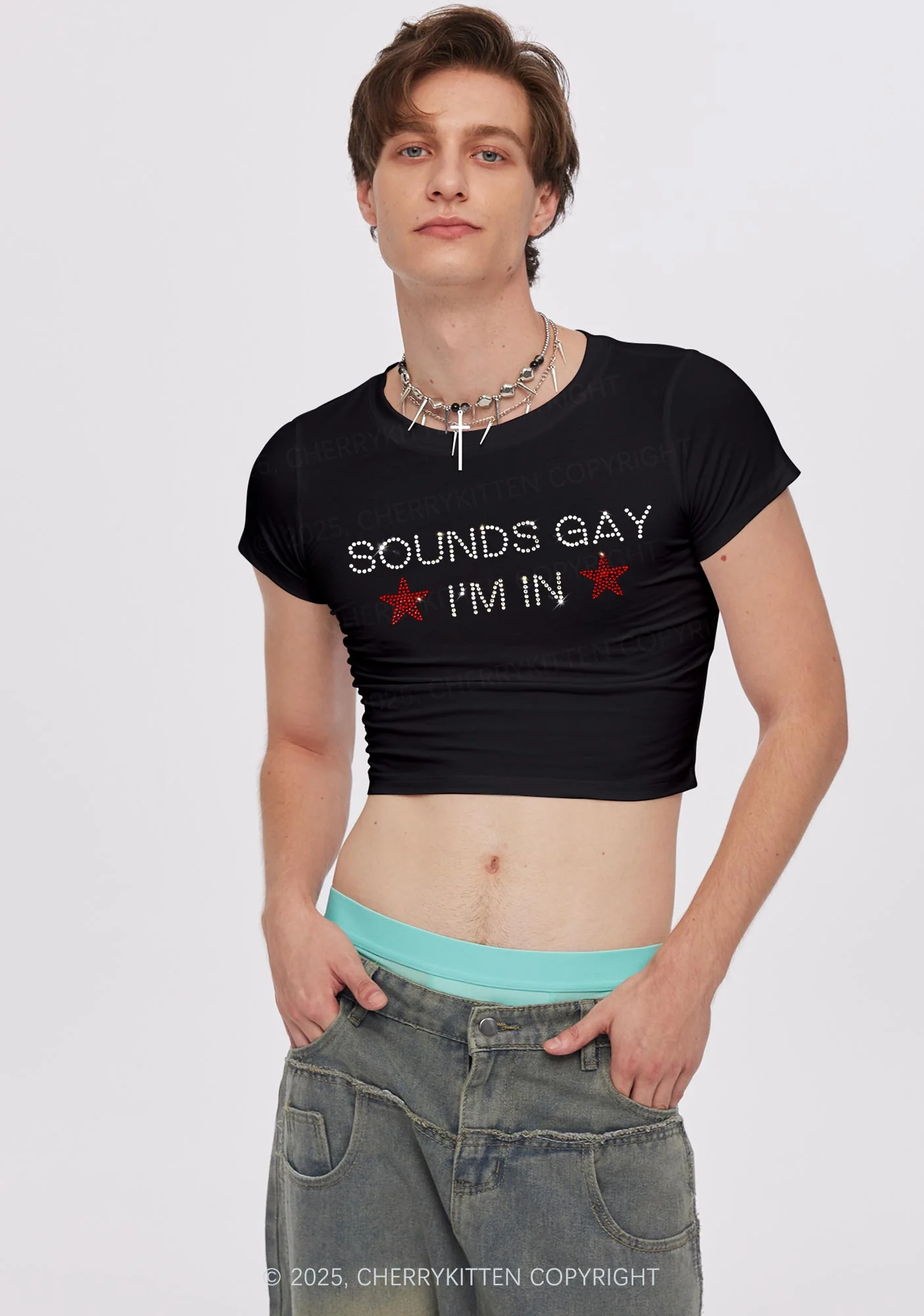 Rhinestone Sounds Gay Pride Y2K Baby Tee Cherrykitten - Image 2