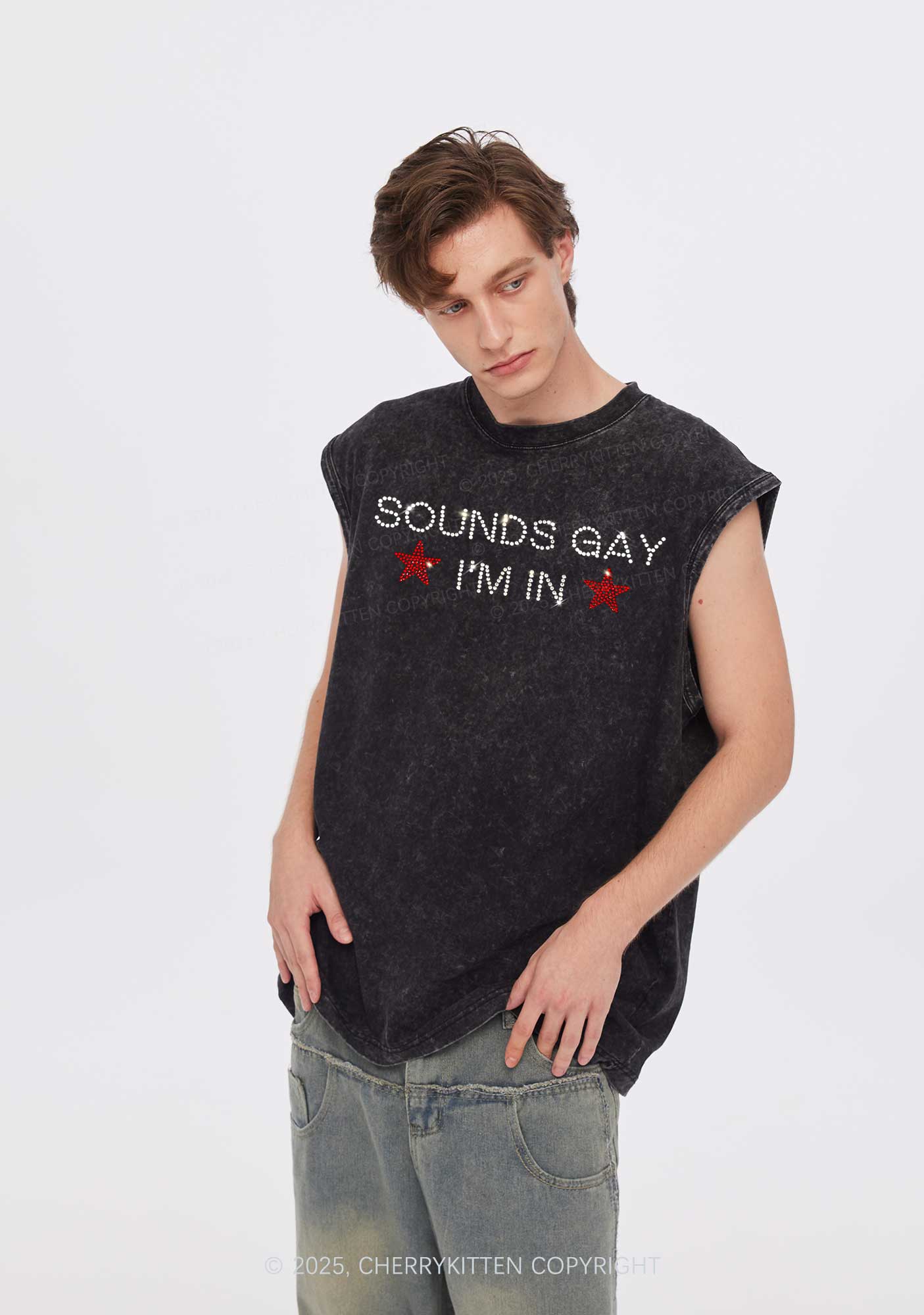 Rhinestone Sounds Gay Pride Y2K Washed Muscle Tank Cherrykitten - Image 2