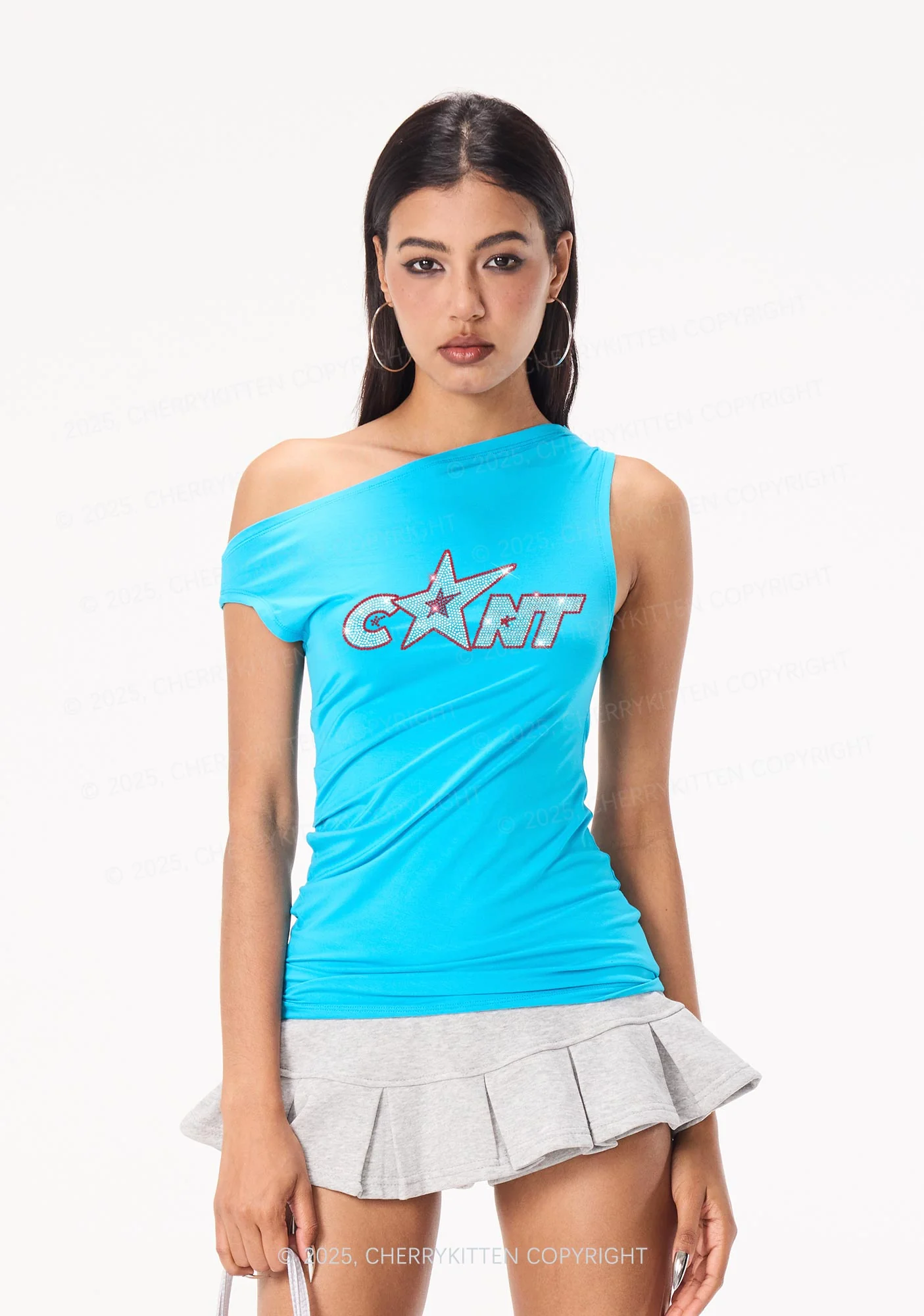 Rhinestone Star Cxxt Y2K Off Shoulder Tank Top Cherrykitten - Image 2