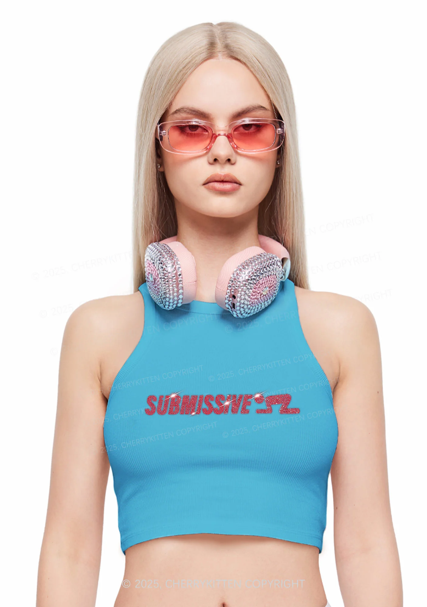 Rhinestone Submissive Man Y2K Crop Tank Top Cherrykitten - Image 2