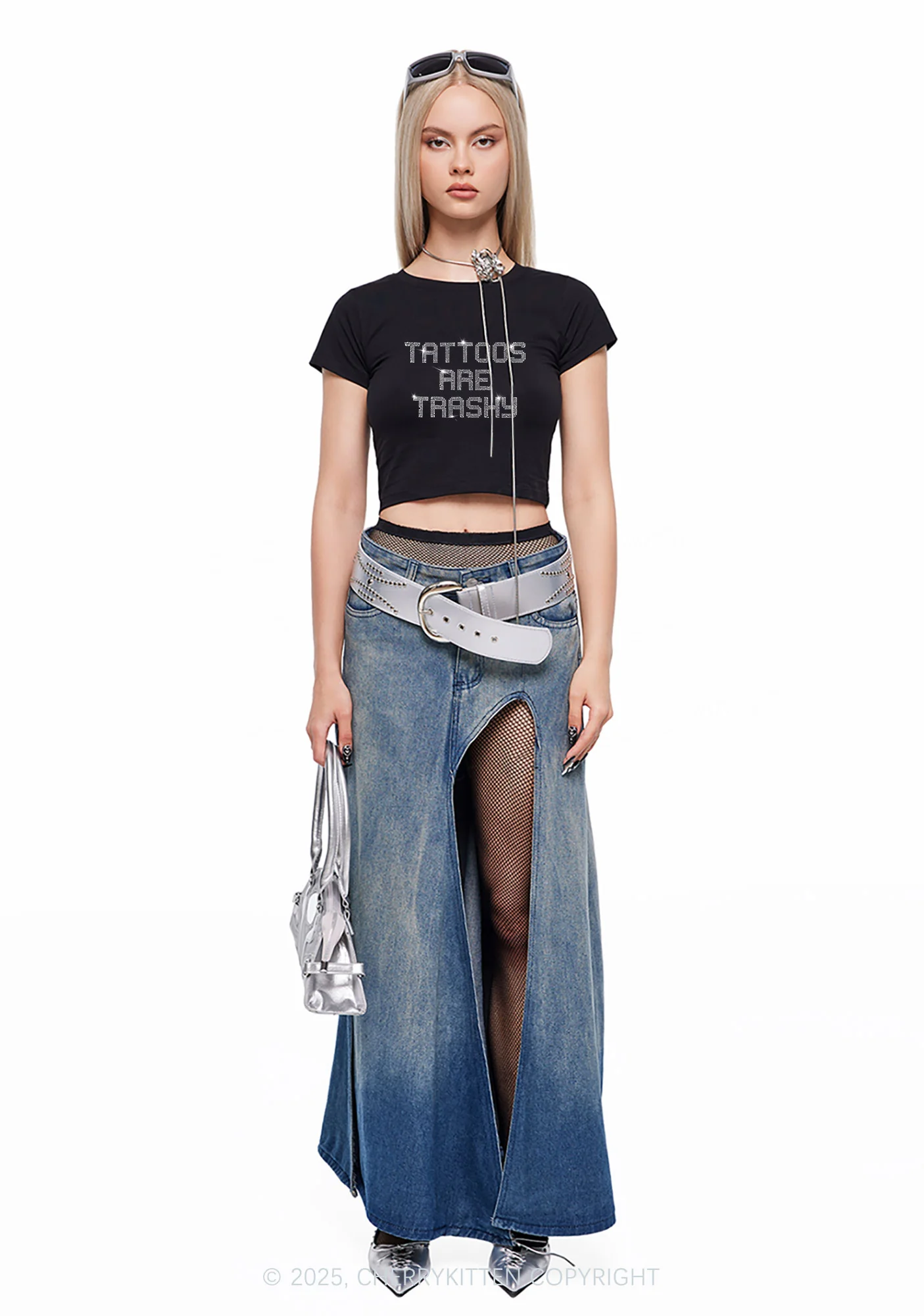 Rhinestone Tattoos Are Trashy Y2K Baby Tee Cherrykitten - Image 2