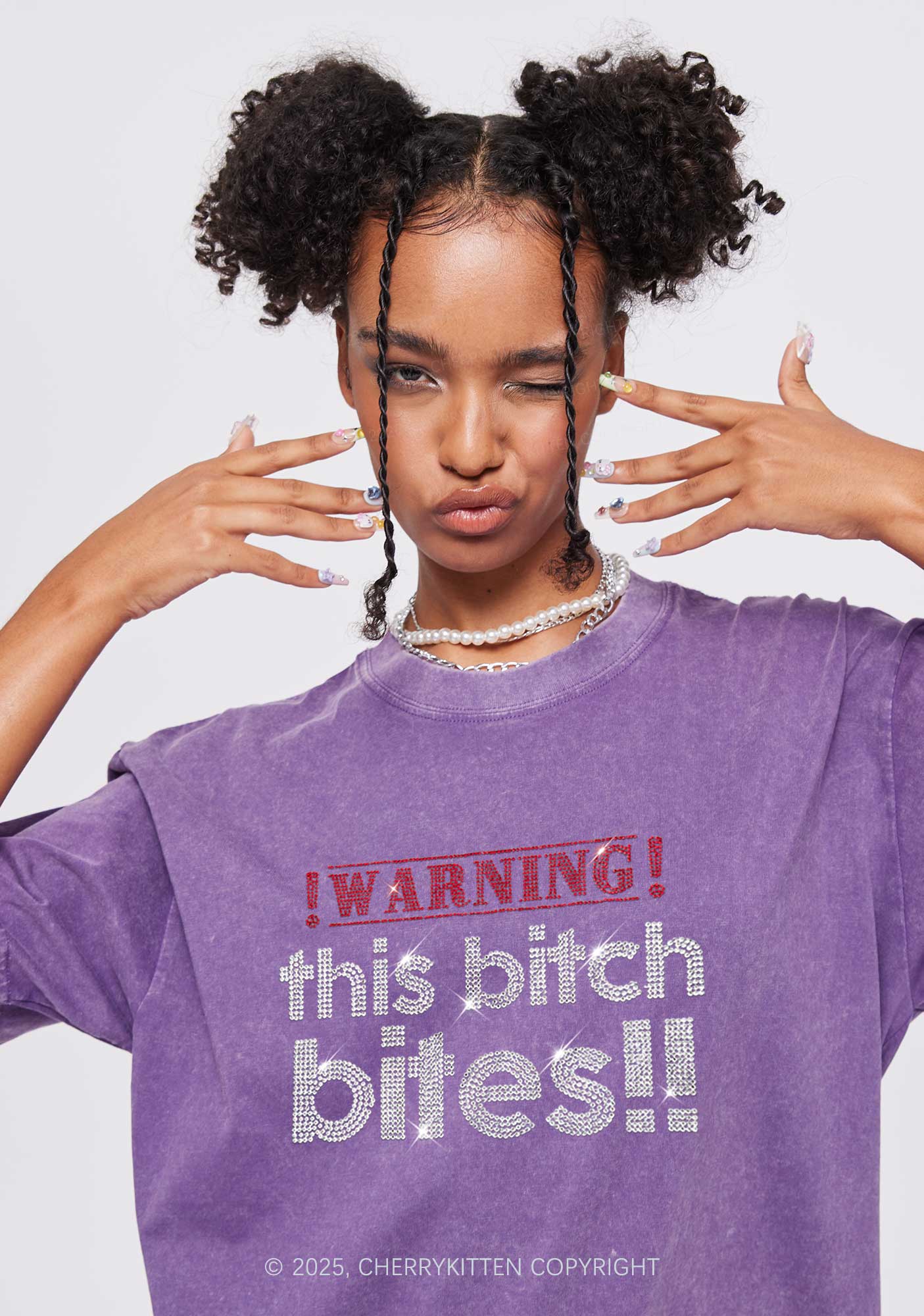 Rhinestone This Bxxch Bites Y2K Shirts Washed Tee Cherrykitten - Image 2