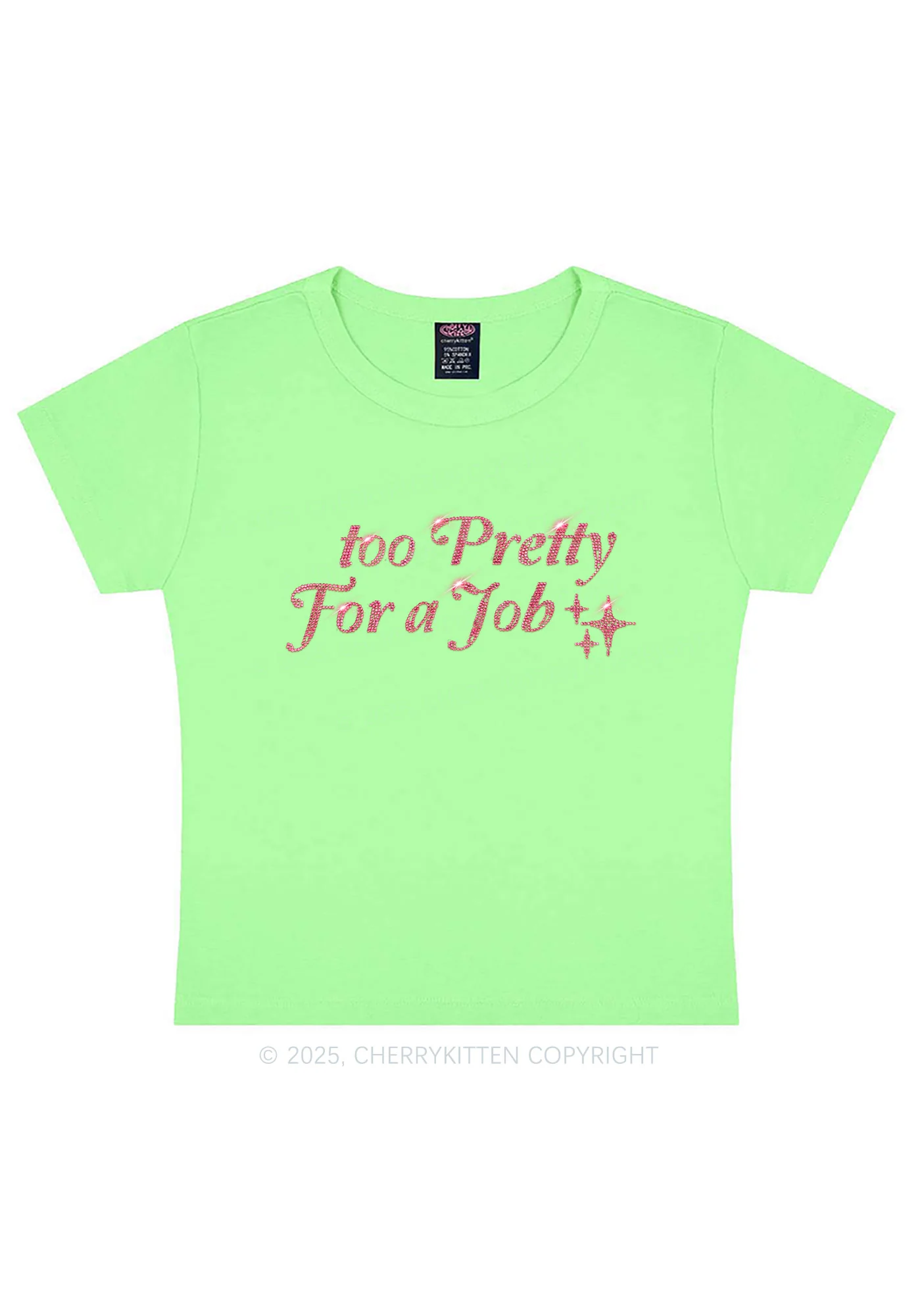 Rhinestone Too Pretty For Job Y2K Baby Tee Cherrykitten - Image 12