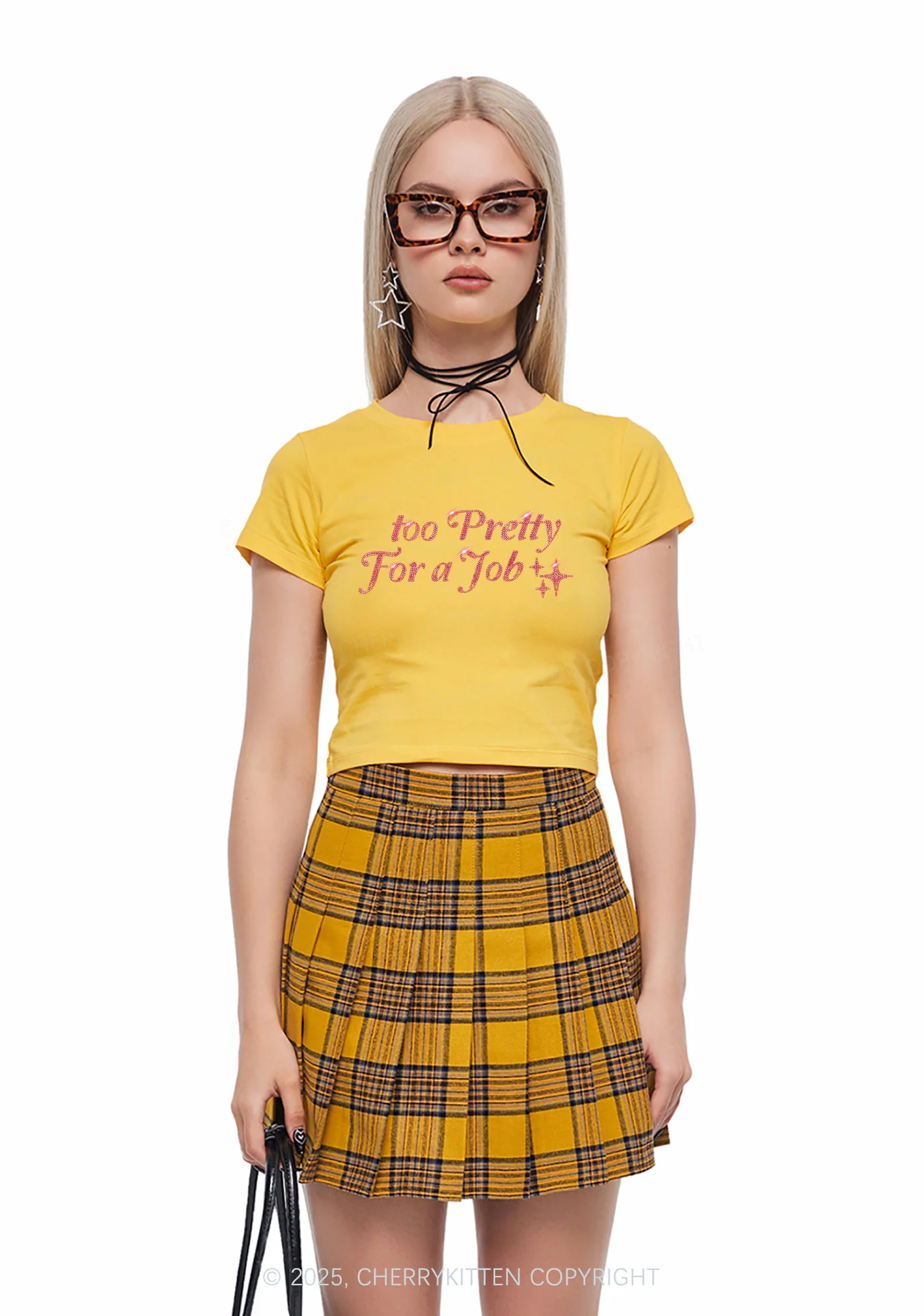 Rhinestone Too Pretty For Job Y2K Baby Tee Cherrykitten - Image 2