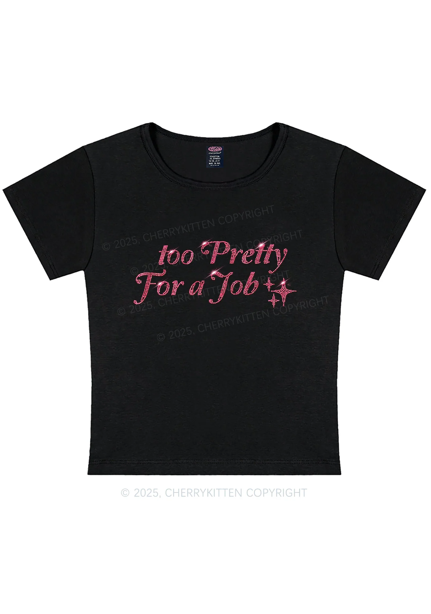Rhinestone Too Pretty For Job Y2K Baby Tee Cherrykitten - Image 3