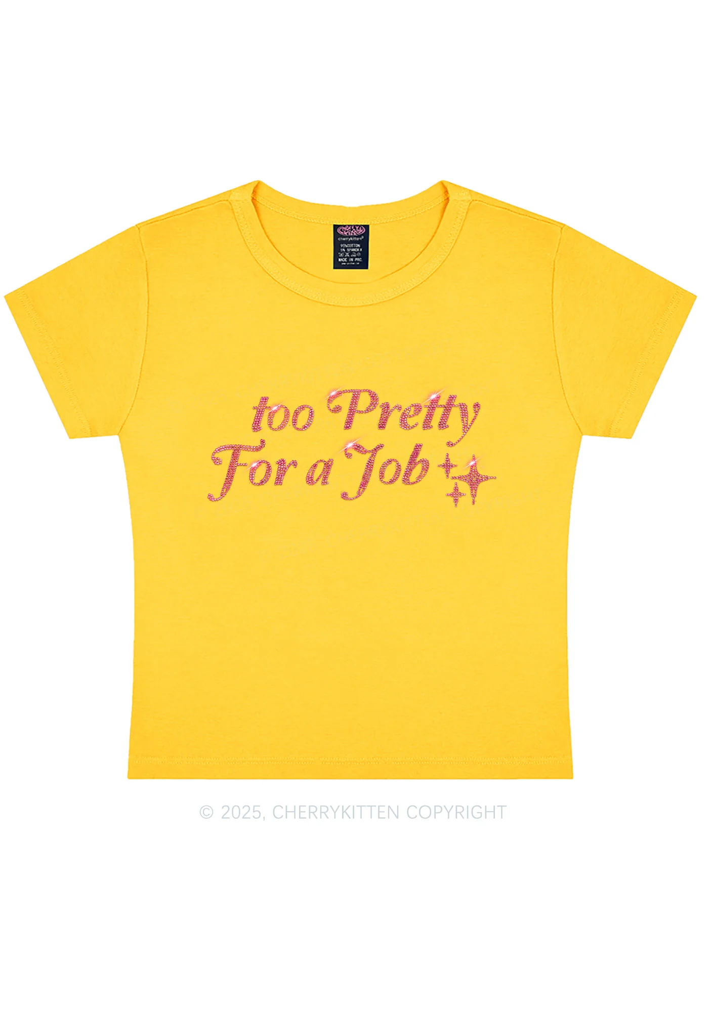 Rhinestone Too Pretty For Job Y2K Baby Tee Cherrykitten - Image 4