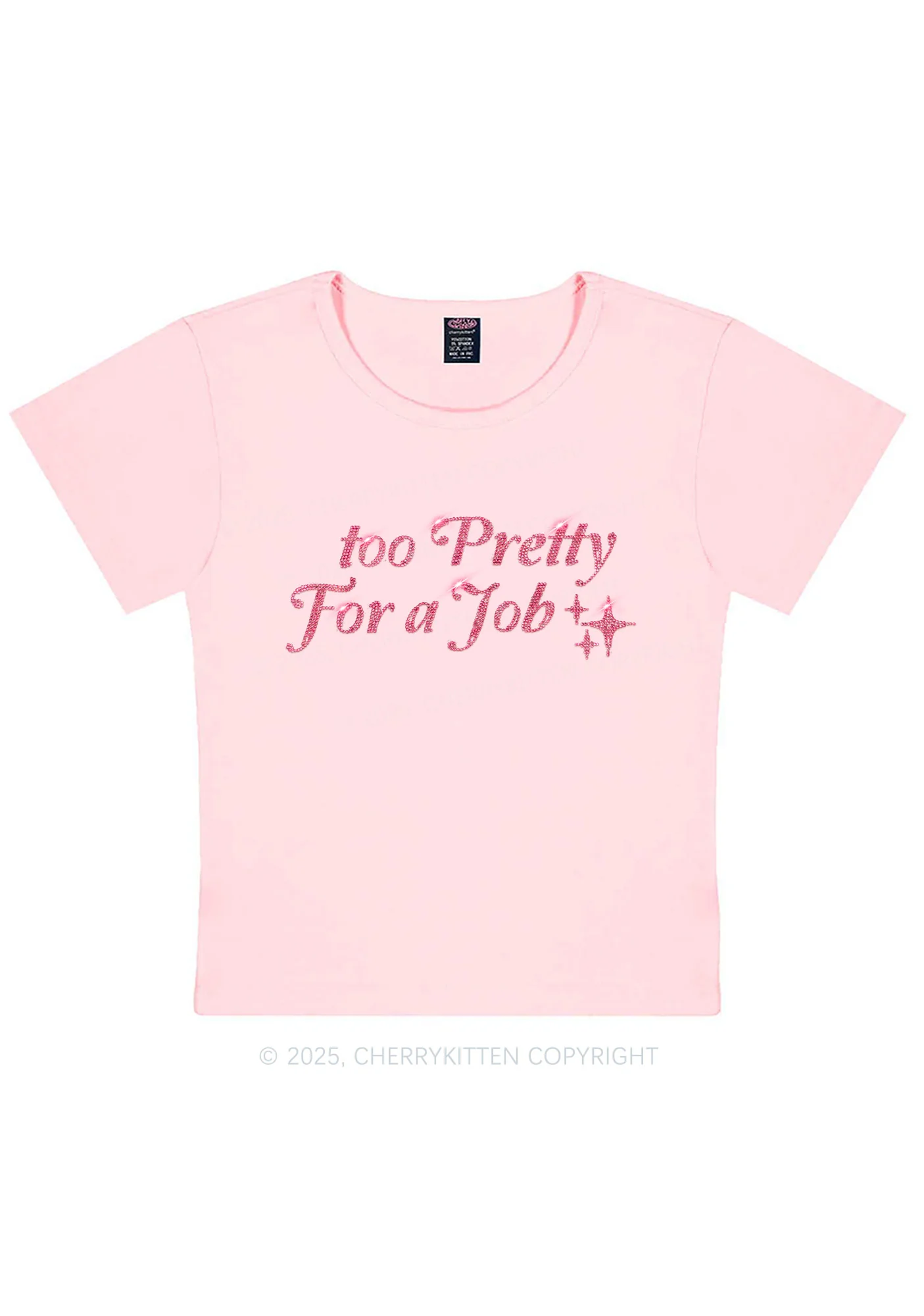 Rhinestone Too Pretty For Job Y2K Baby Tee Cherrykitten - Image 5