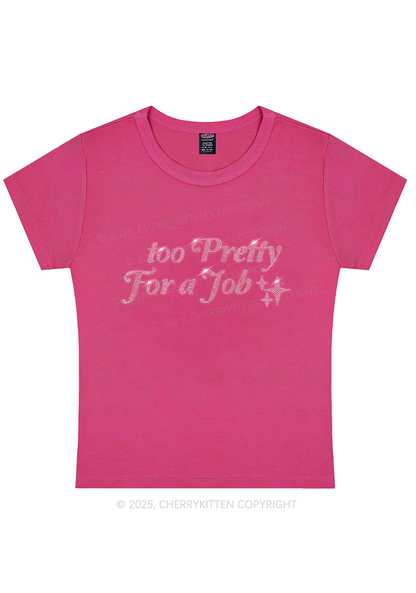 Rhinestone Too Pretty For Job Y2K Baby Tee Cherrykitten - Image 7