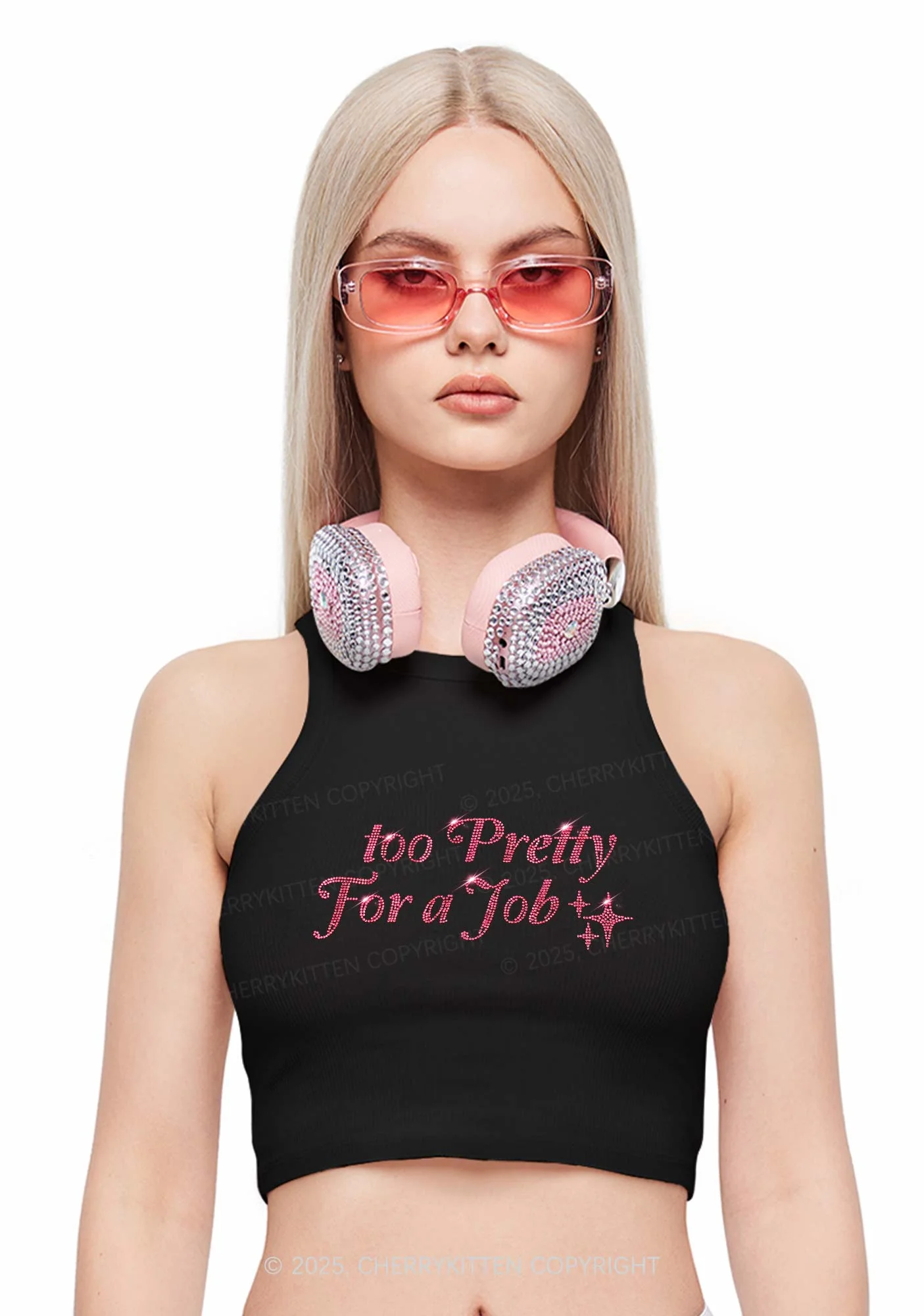 Rhinestone Too Pretty For Job Y2K Crop Tank Top Cherrykitten - Image 2