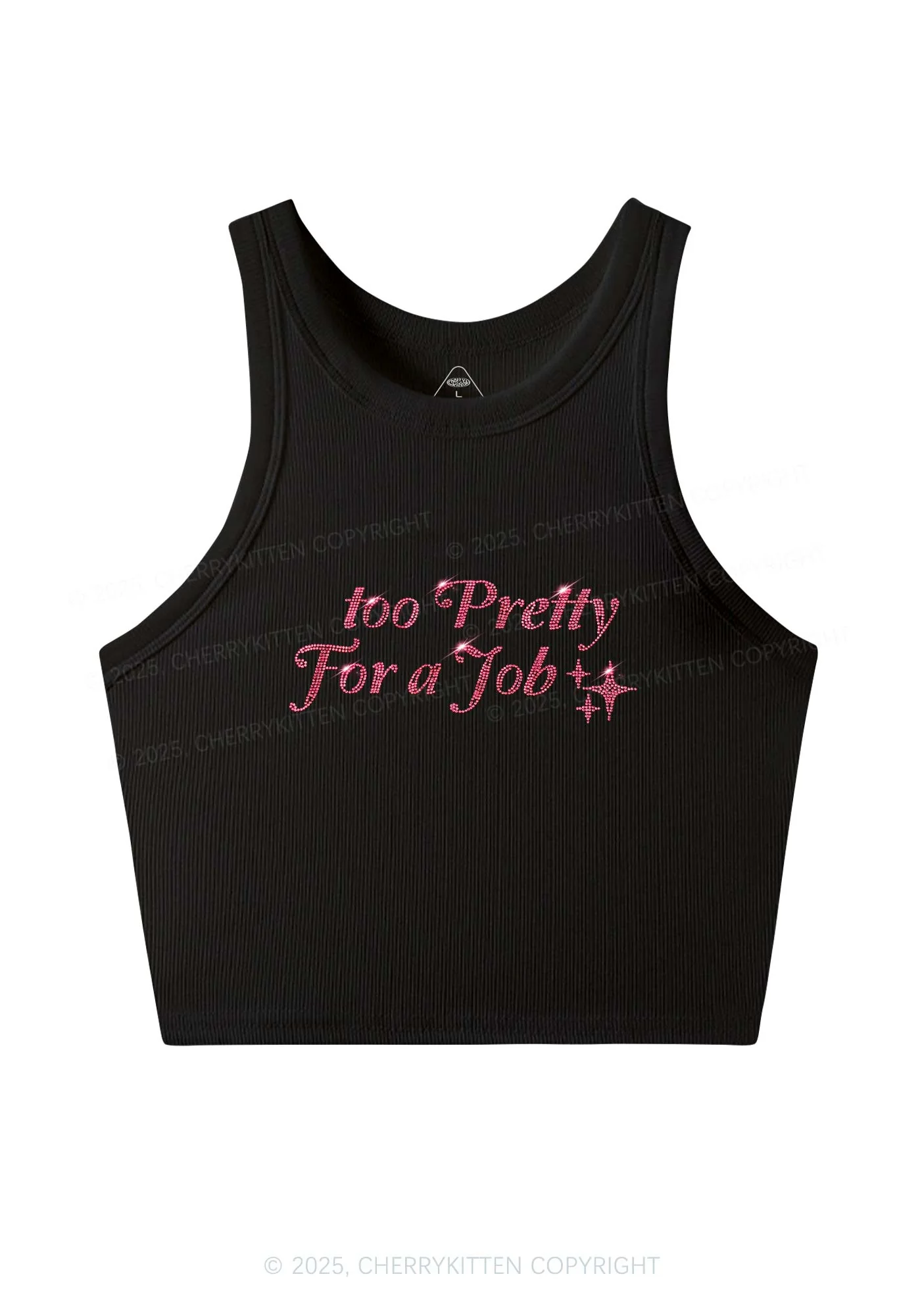 Rhinestone Too Pretty For Job Y2K Crop Tank Top Cherrykitten - Image 3