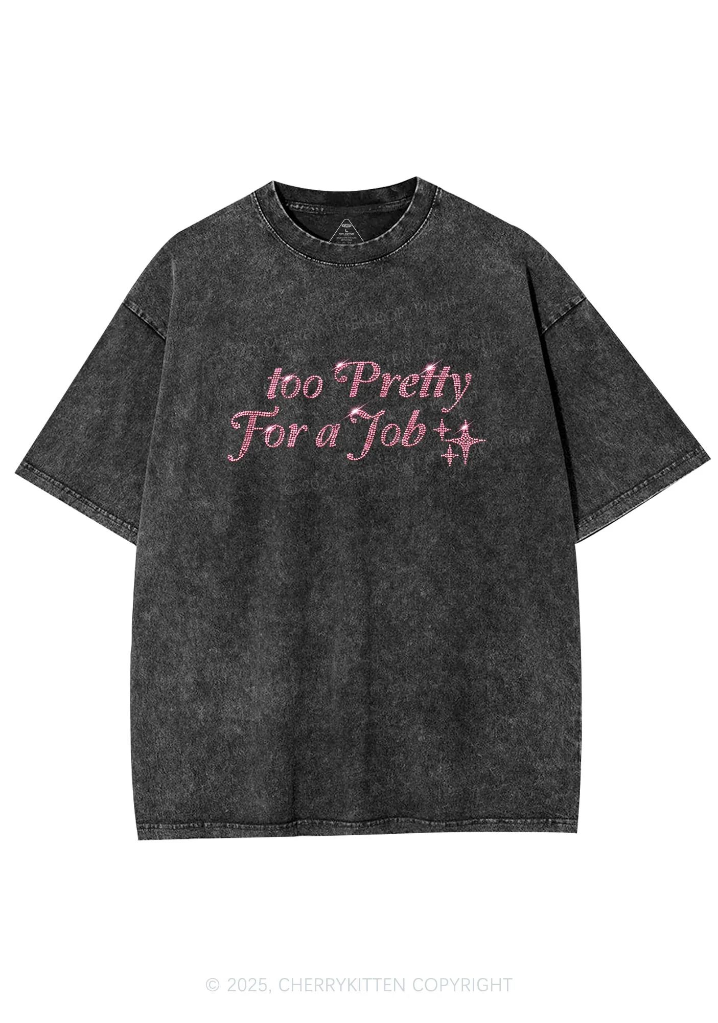 Rhinestone Too Pretty For Job Y2K Shirts Washed Tee Cherrykitten - Image 3
