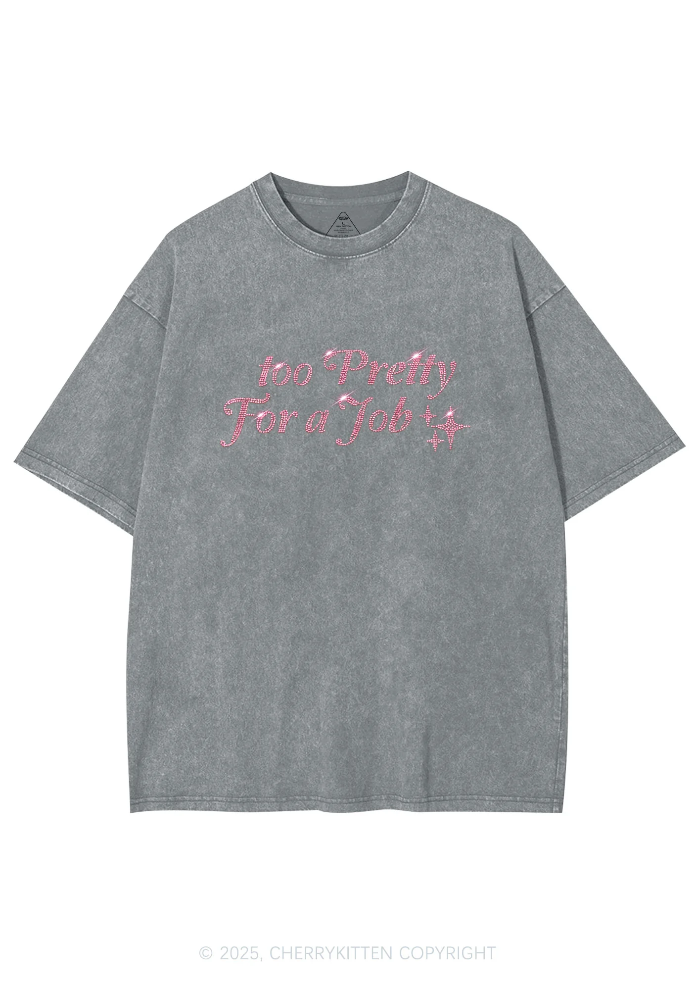 Rhinestone Too Pretty For Job Y2K Shirts Washed Tee Cherrykitten - Image 6