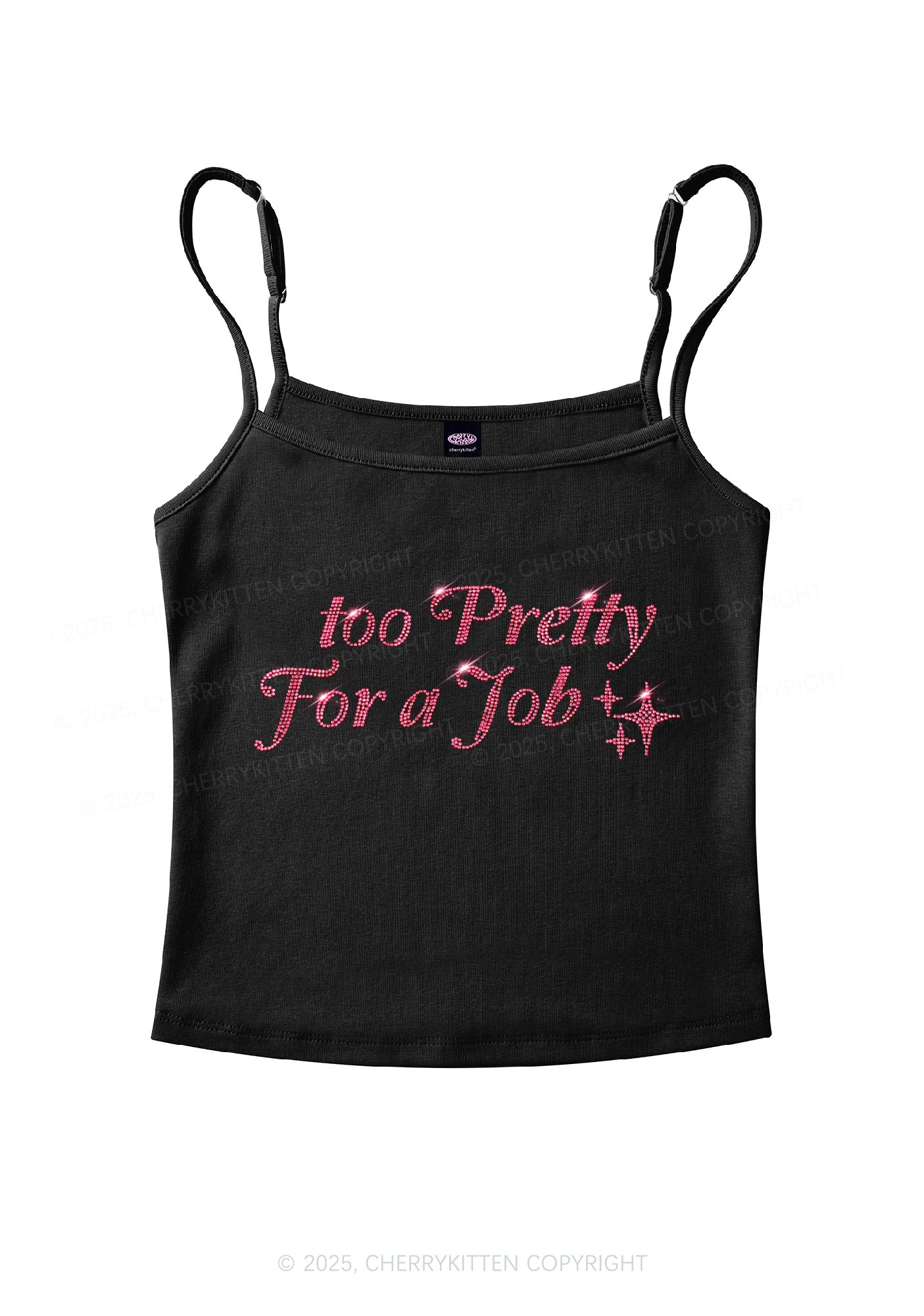 Rhinestone Too Pretty For Job Y2K Spaghetti Strap Cami Cherrykitten - Image 3
