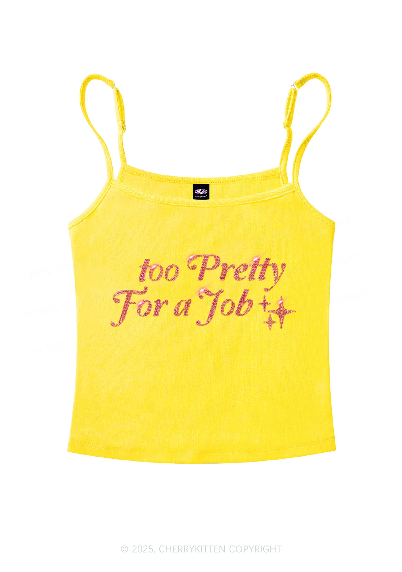 Rhinestone Too Pretty For Job Y2K Spaghetti Strap Cami Cherrykitten - Image 4