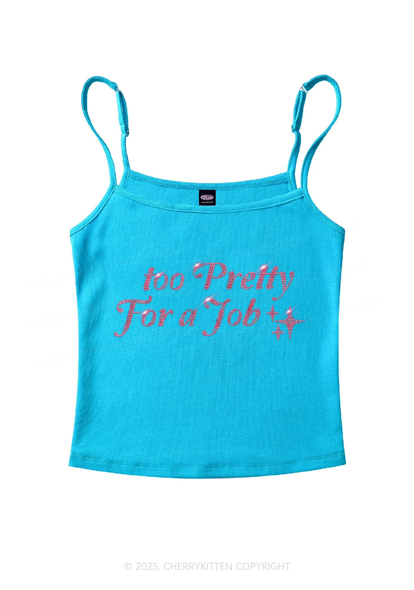 Rhinestone Too Pretty For Job Y2K Spaghetti Strap Cami Cherrykitten - Image 5