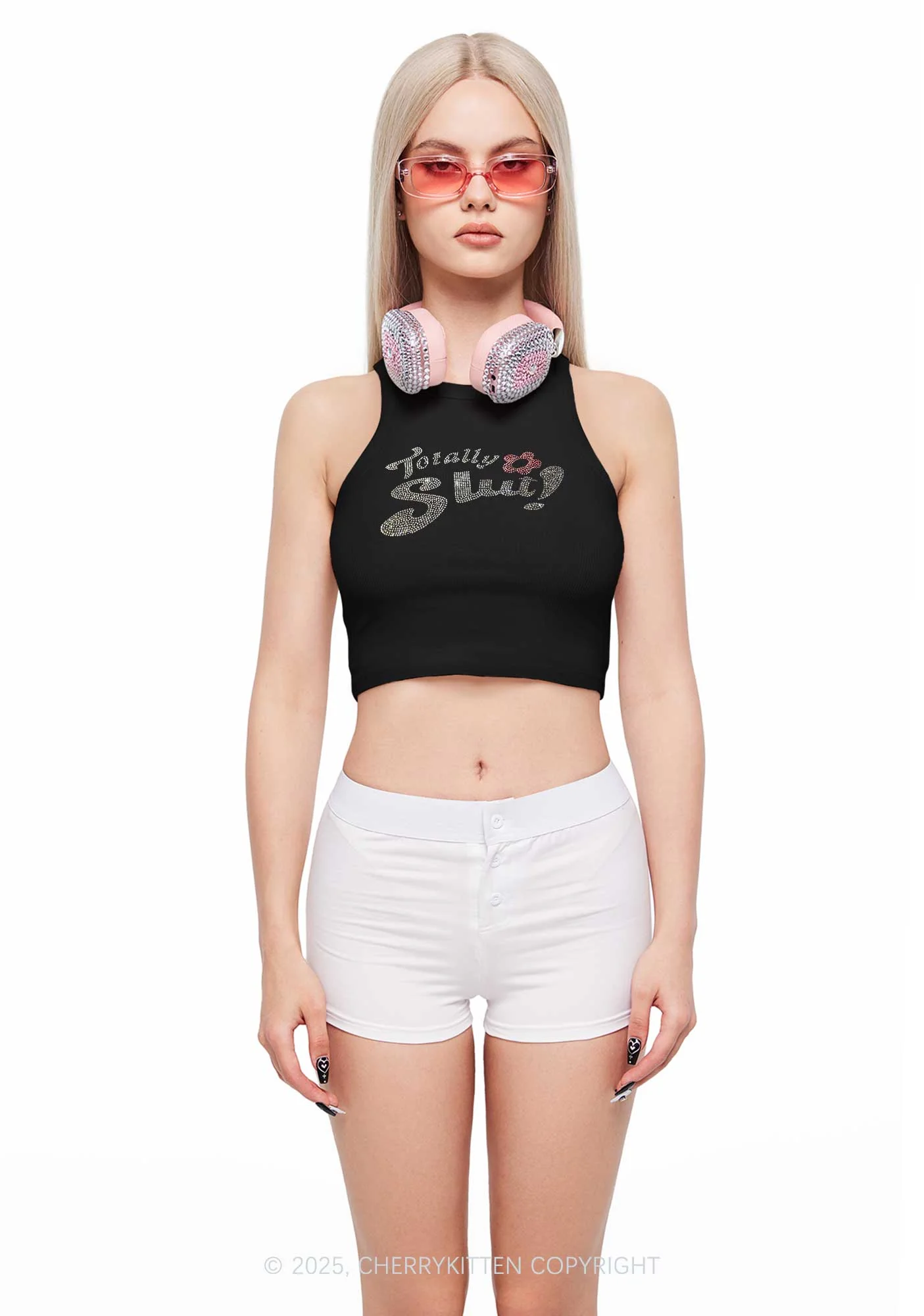 Rhinestone Totally Slxt Y2K Crop Tank Top Cherrykitten - Image 2
