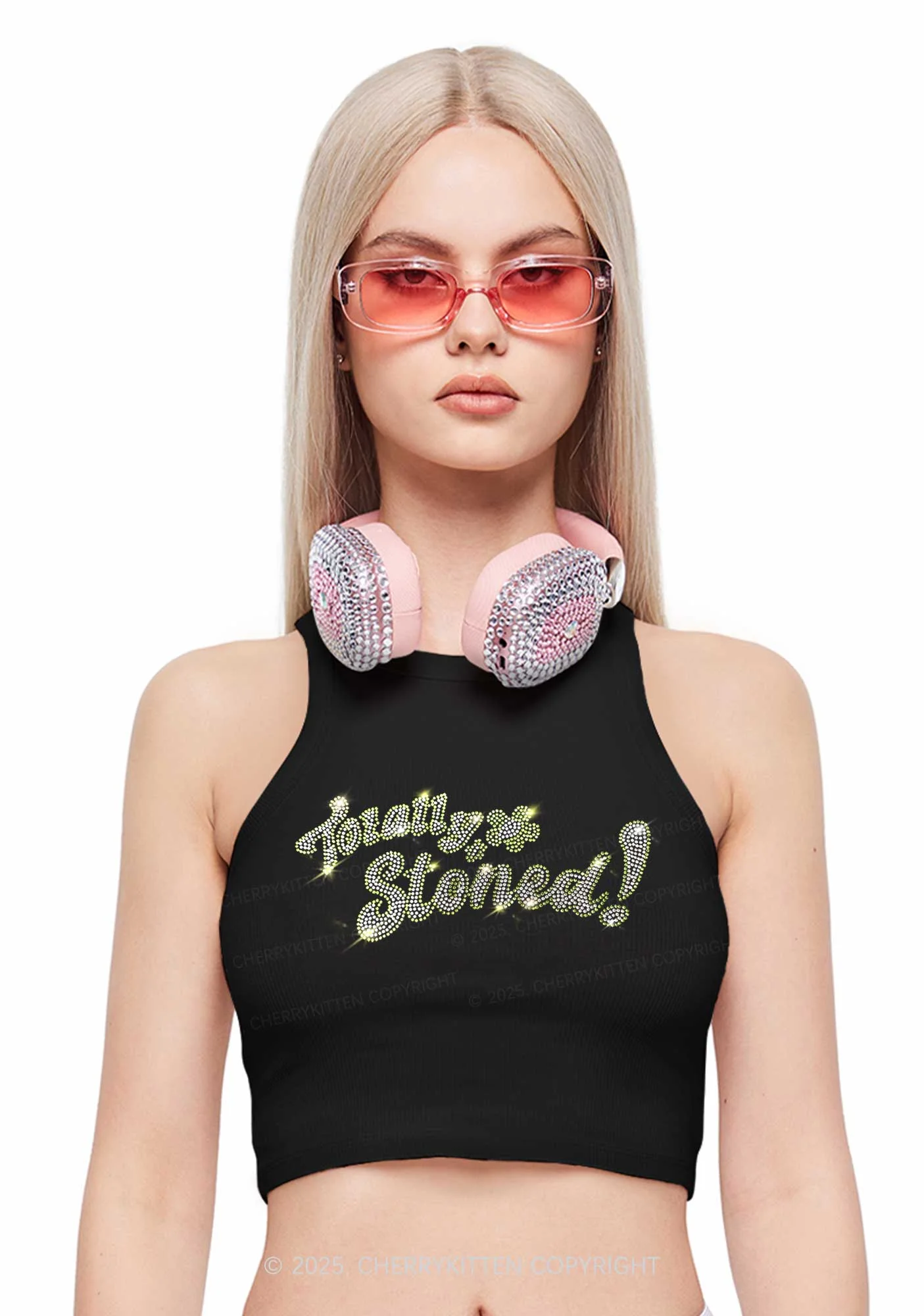 Rhinestone Totally Stoned Y2K Crop Tank Top Cherrykitten - Image 2