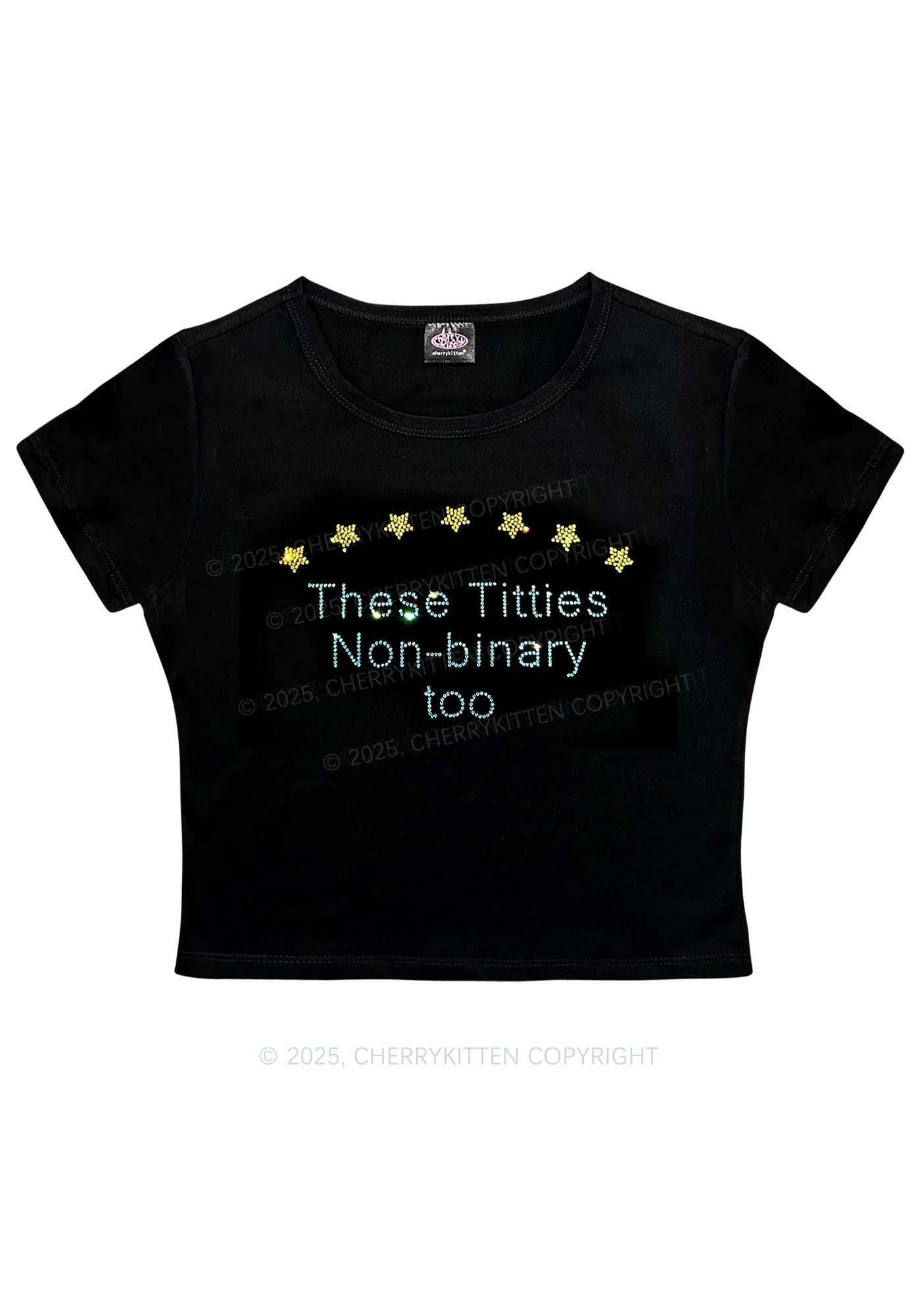 Rhinestone Txtties Nonbinary Too Y2K Baby Tee Cherrykitten - Image 3
