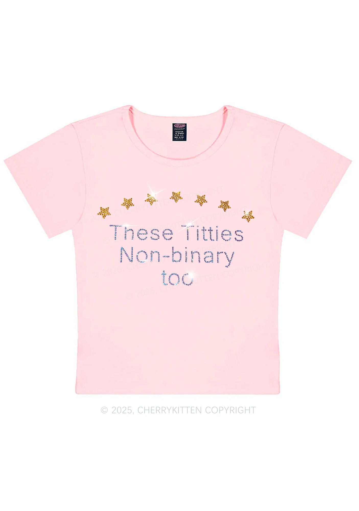 Rhinestone Txtties Nonbinary Too Y2K Baby Tee Cherrykitten - Image 9