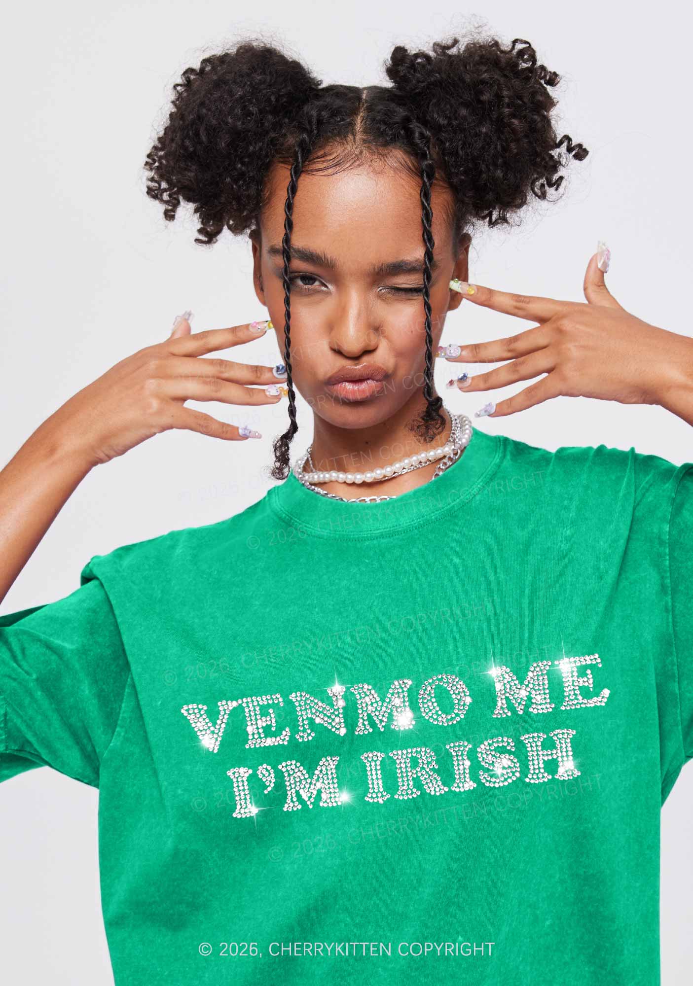 Rhinestone Venmo Me Im Irish St Patricks Y2K Shirts Washed Tee Cherrykitten - Image 2