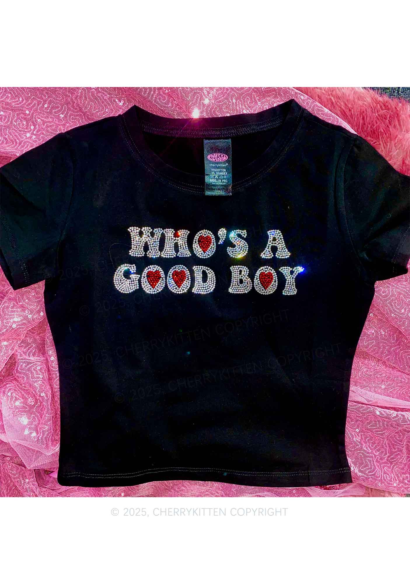 Rhinestone Whos A Good Boy Y2K Baby Tee Cherrykitten - Image 4