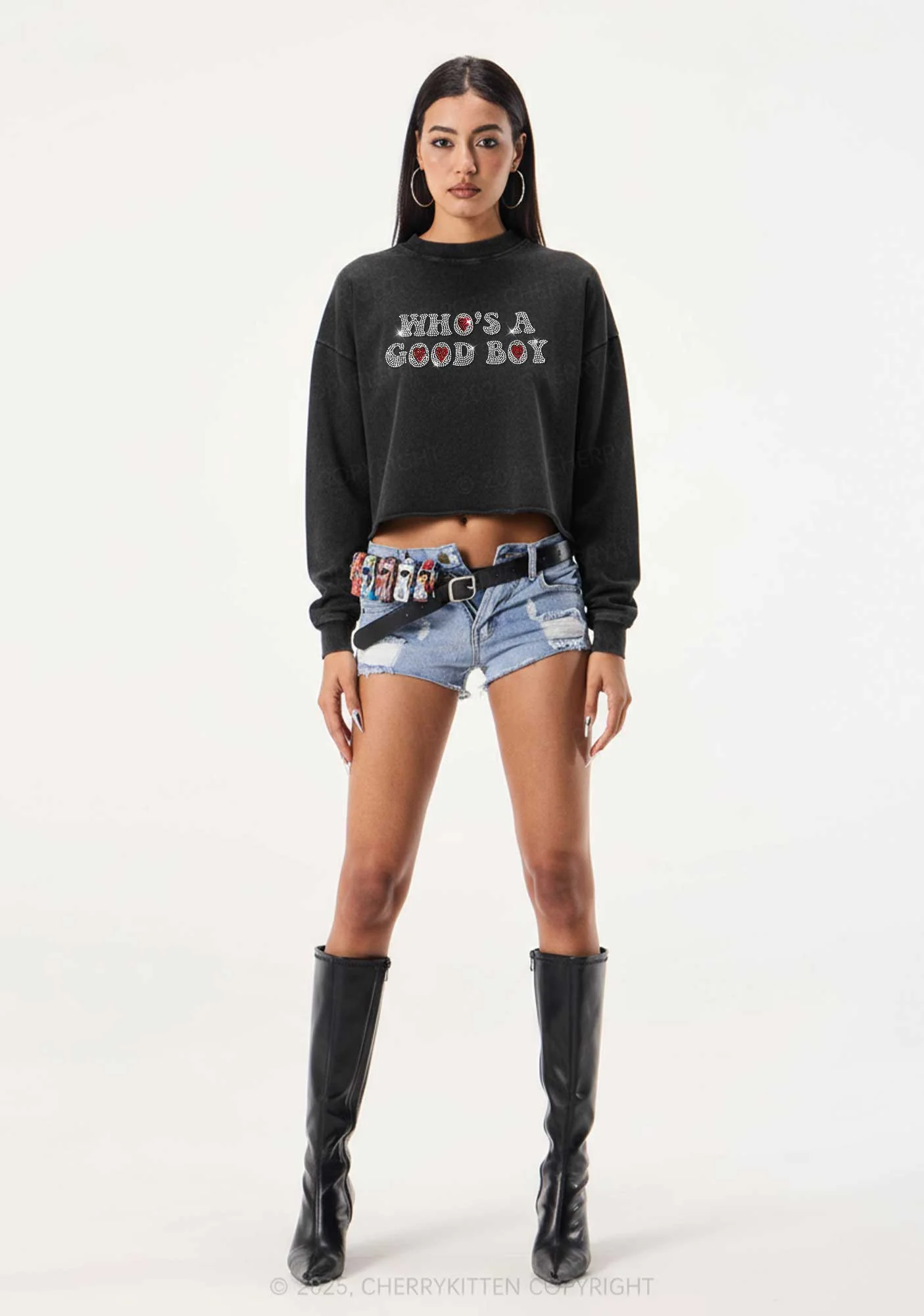 Rhinestone Whos A Good Boy Y2K Crop Washed Sweatshirts Cherrykitten - Image 2