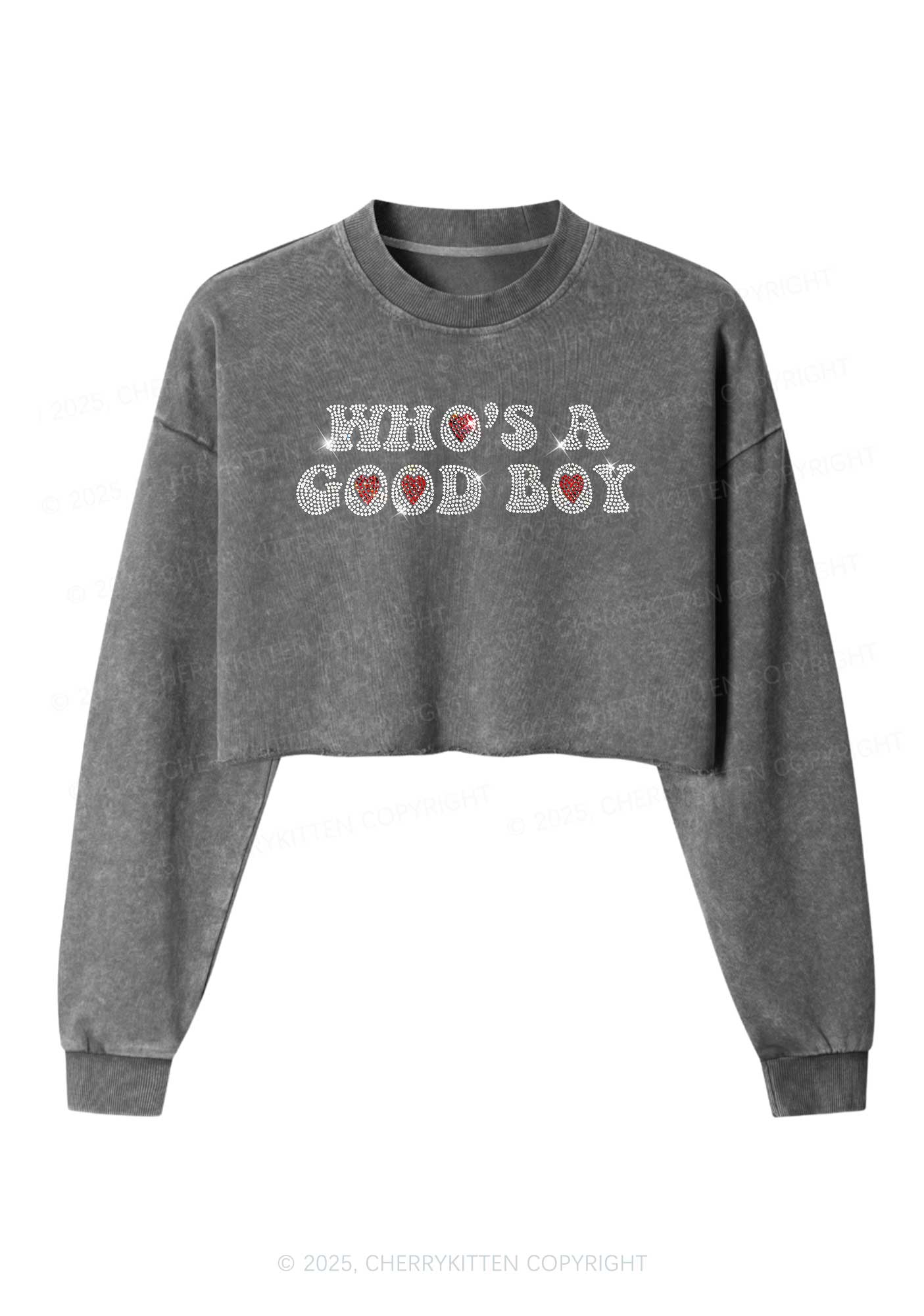 Rhinestone Whos A Good Boy Y2K Crop Washed Sweatshirts Cherrykitten - Image 3