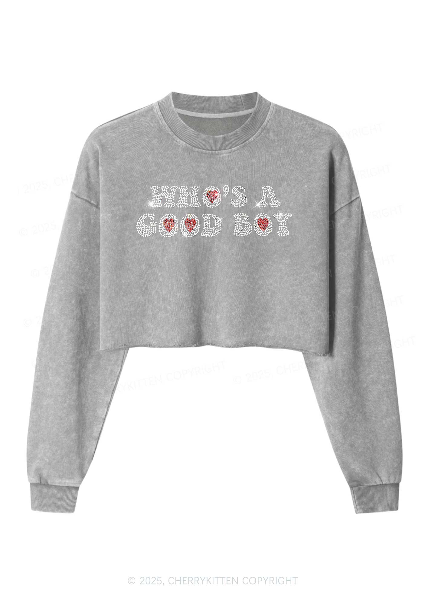 Rhinestone Whos A Good Boy Y2K Crop Washed Sweatshirts Cherrykitten - Image 4