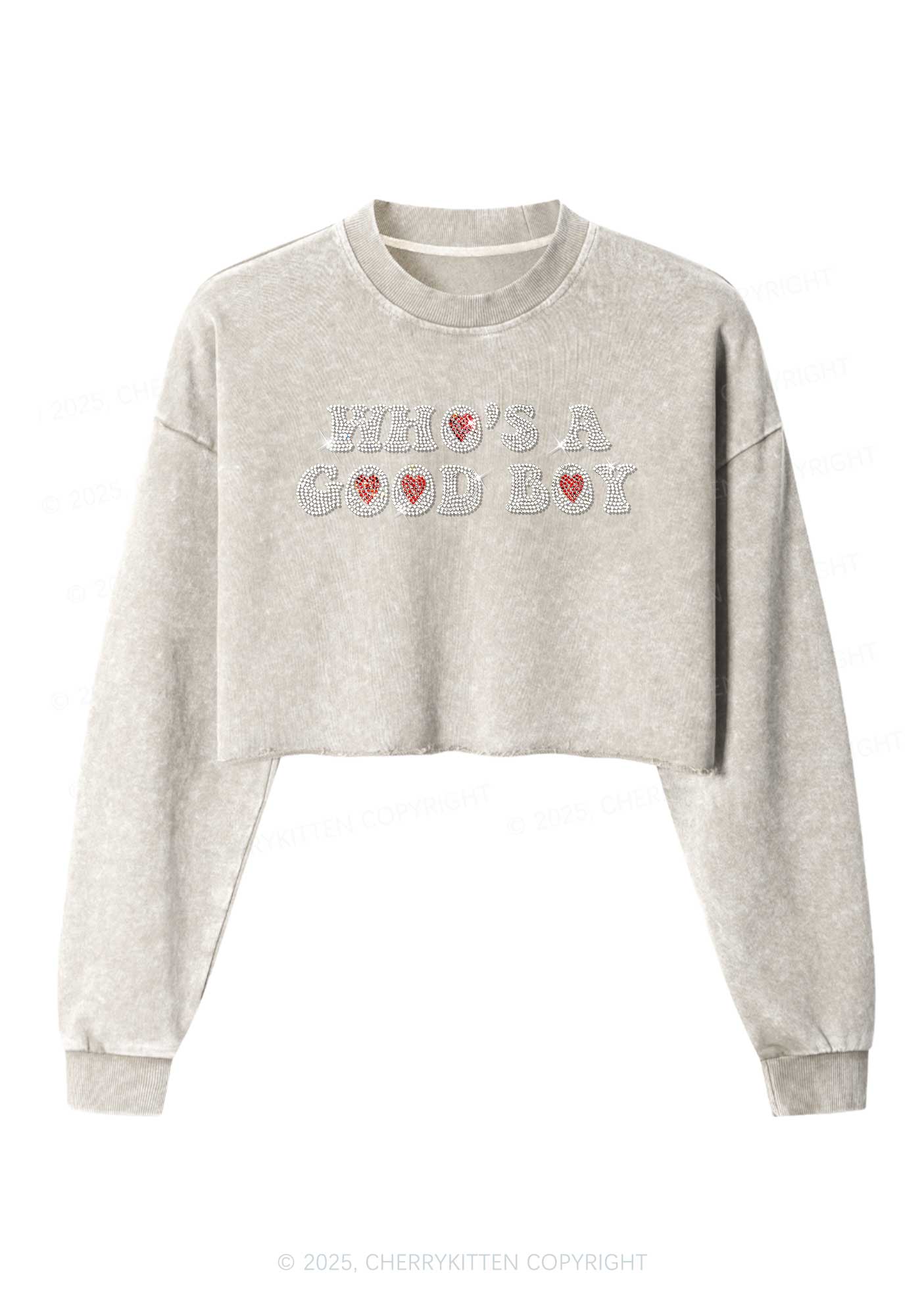 Rhinestone Whos A Good Boy Y2K Crop Washed Sweatshirts Cherrykitten - Image 5