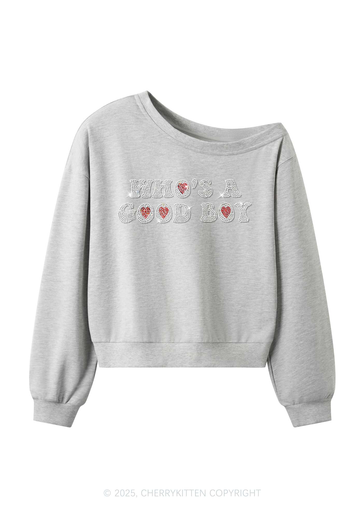 Rhinestone Whos A Good Boy Y2K Off Shoulder Sweatshirts Cherrykitten - Image 4