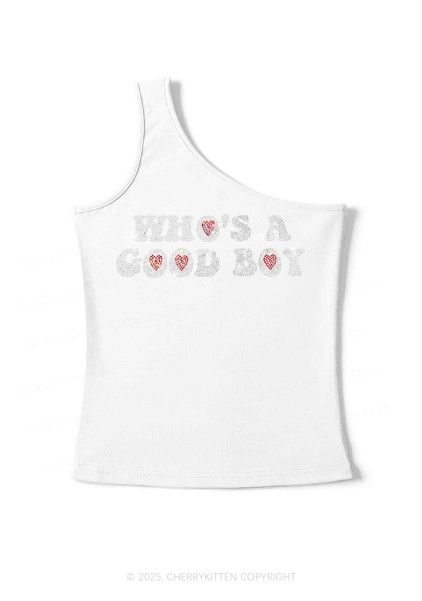 Rhinestone Whos A Good Boy Y2K One Shoulder Tank Top Cherrykitten - Image 2