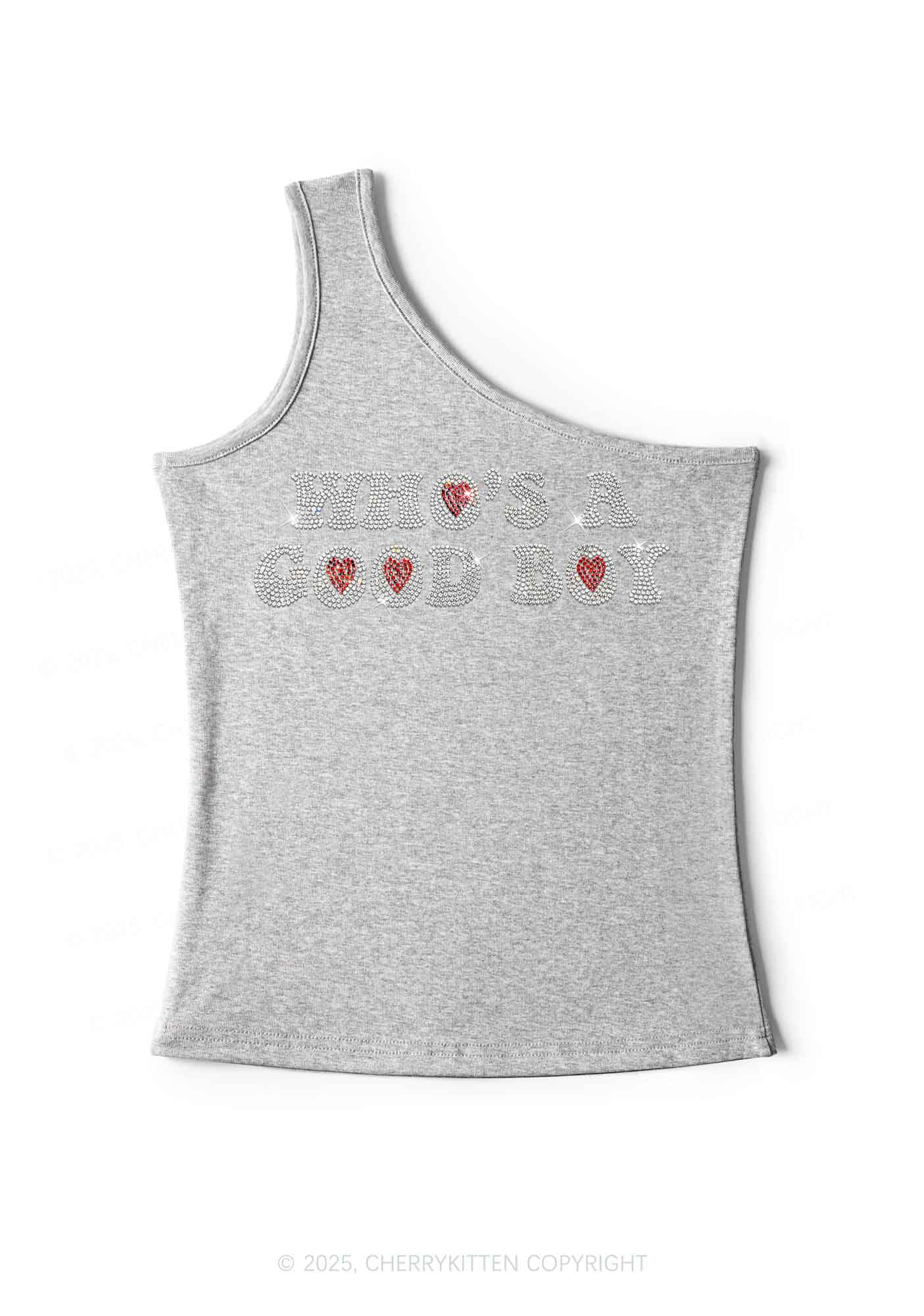 Rhinestone Whos A Good Boy Y2K One Shoulder Tank Top Cherrykitten - Image 5