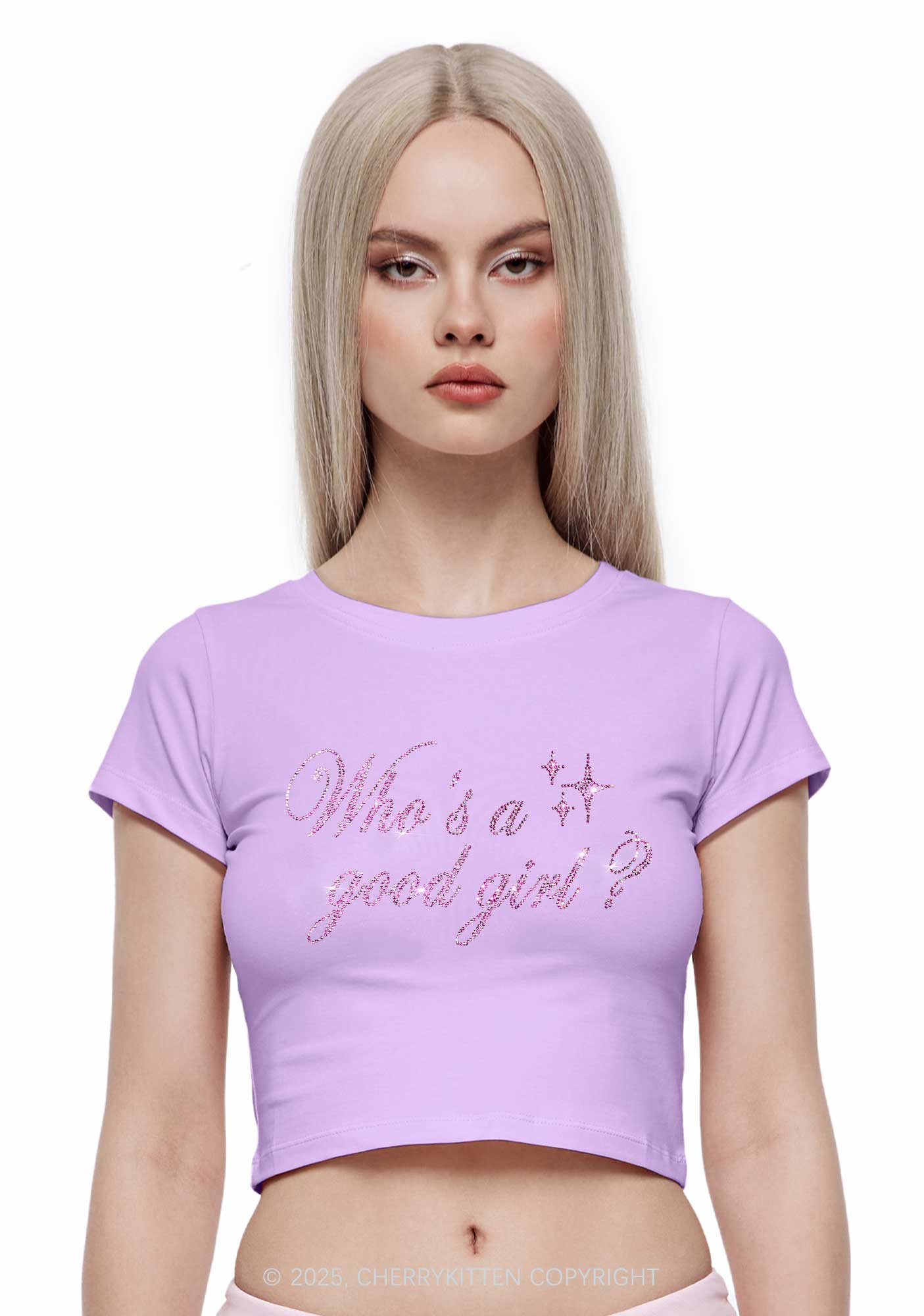 Rhinestone Whos A Good Girl Y2K Baby Tee Cherrykitten - Image 2