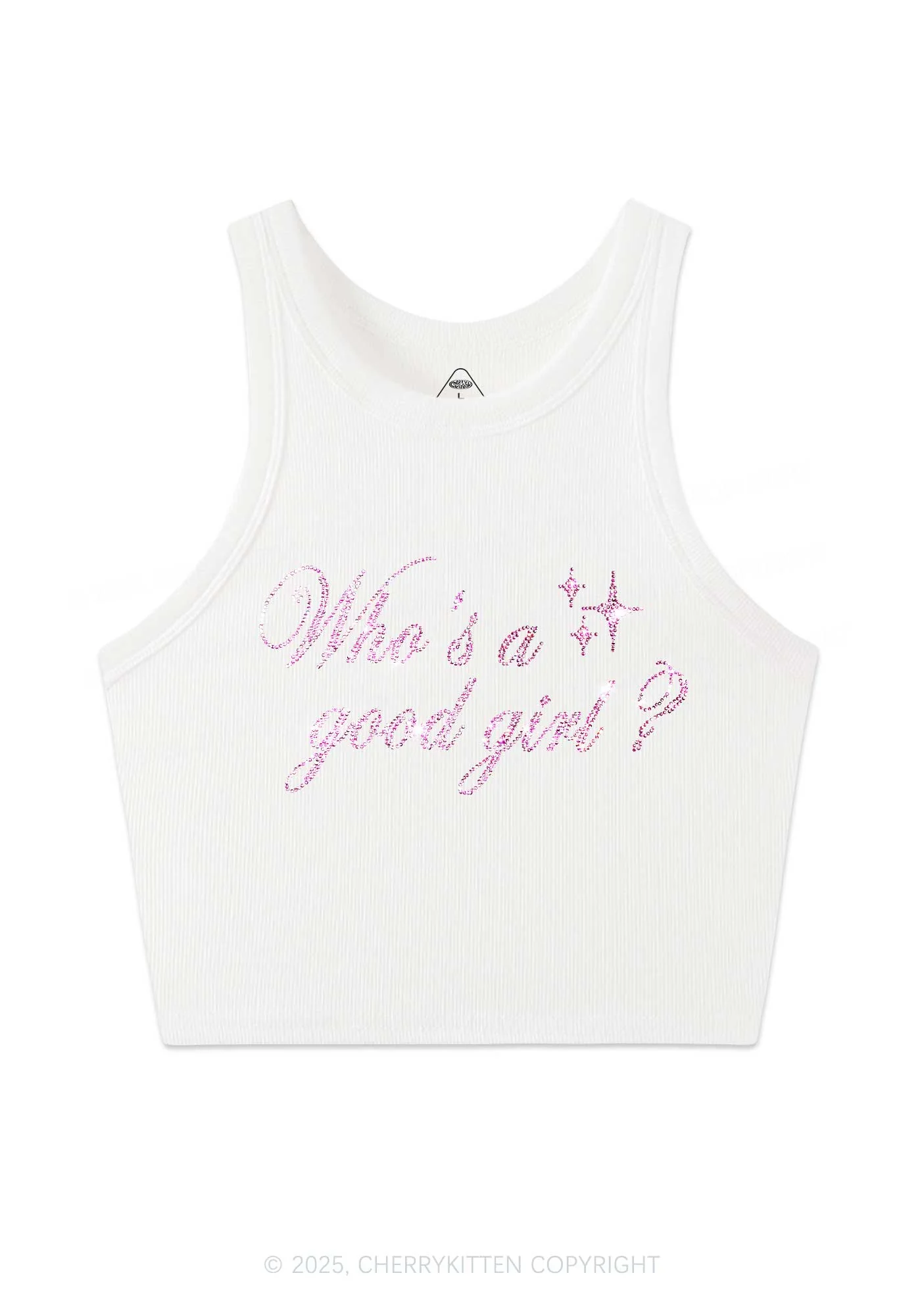 Rhinestone Whos A Good Girl Y2K Crop Tank Top Cherrykitten - Image 3