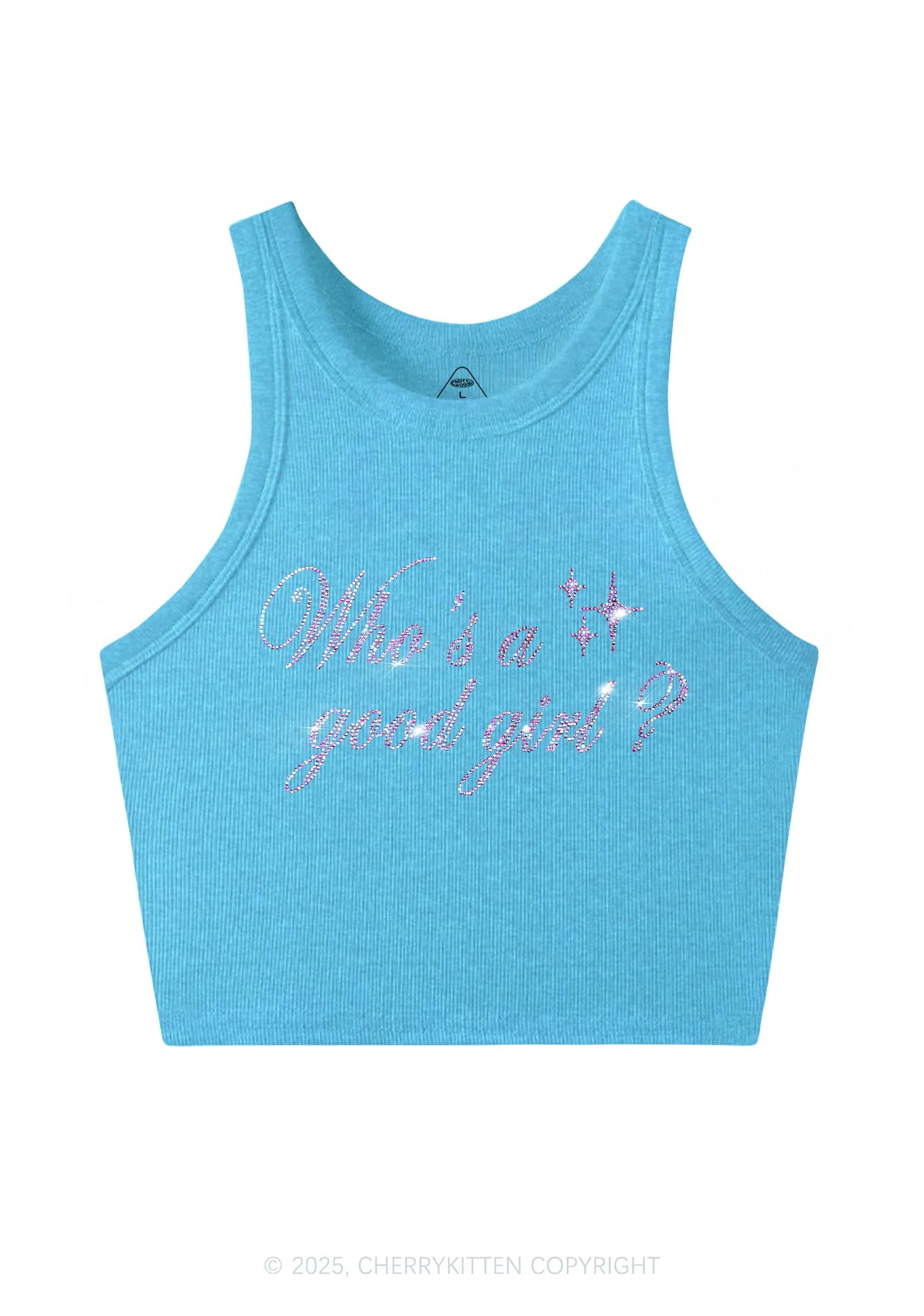 Rhinestone Whos A Good Girl Y2K Crop Tank Top Cherrykitten - Image 4