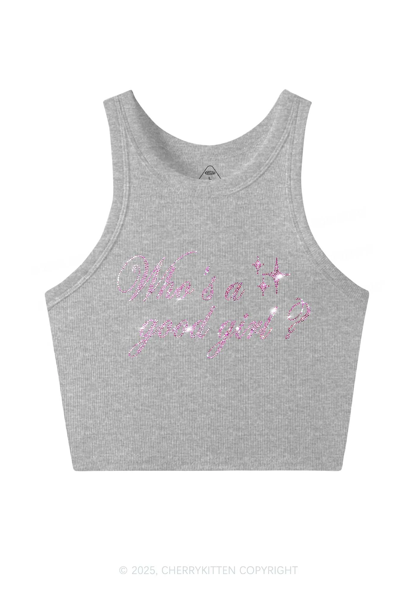 Rhinestone Whos A Good Girl Y2K Crop Tank Top Cherrykitten - Image 5