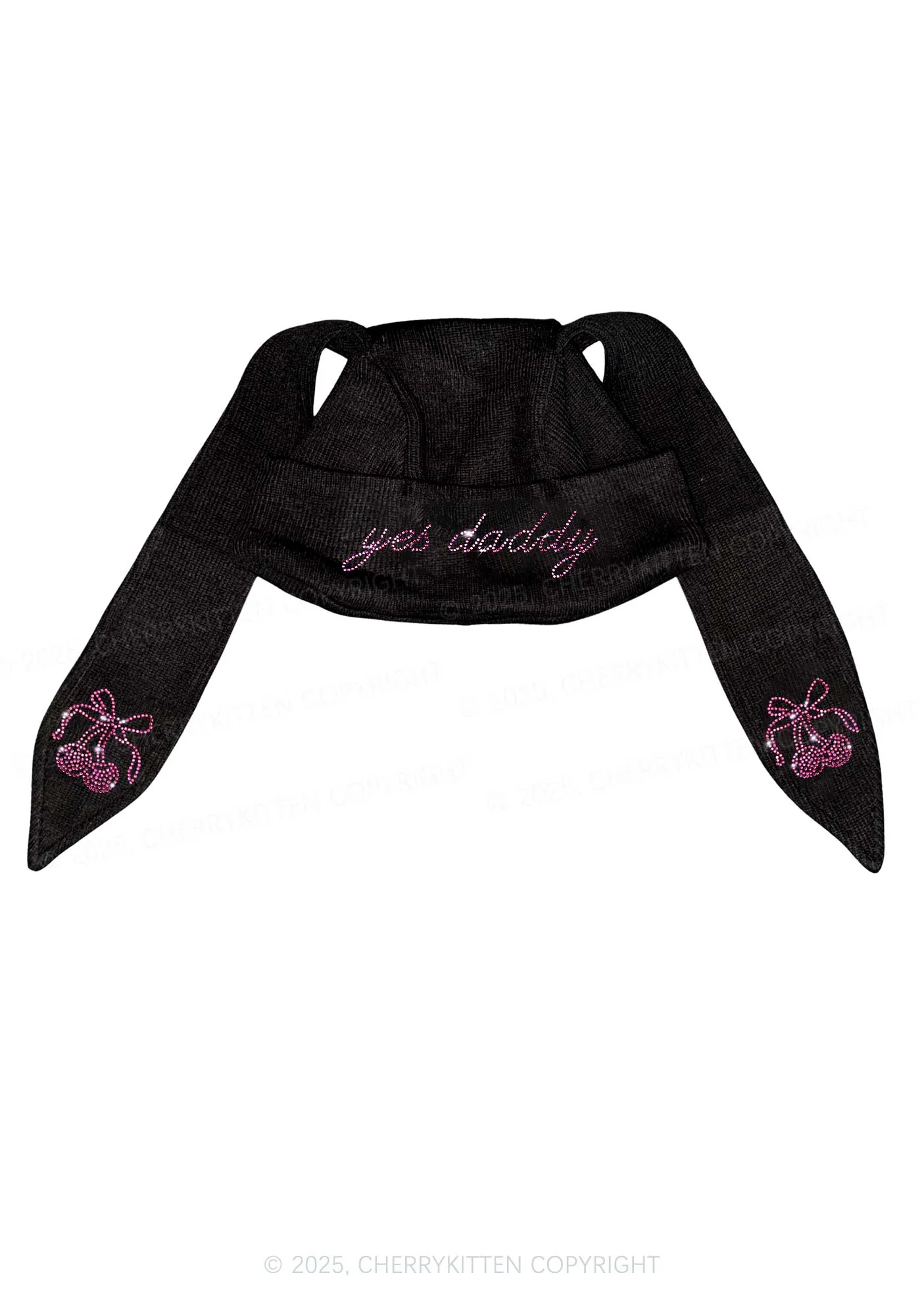 Rhinestone Yes Daddy Y2K Bunny Ear Knitted Hat Cherrykitten - Image 2