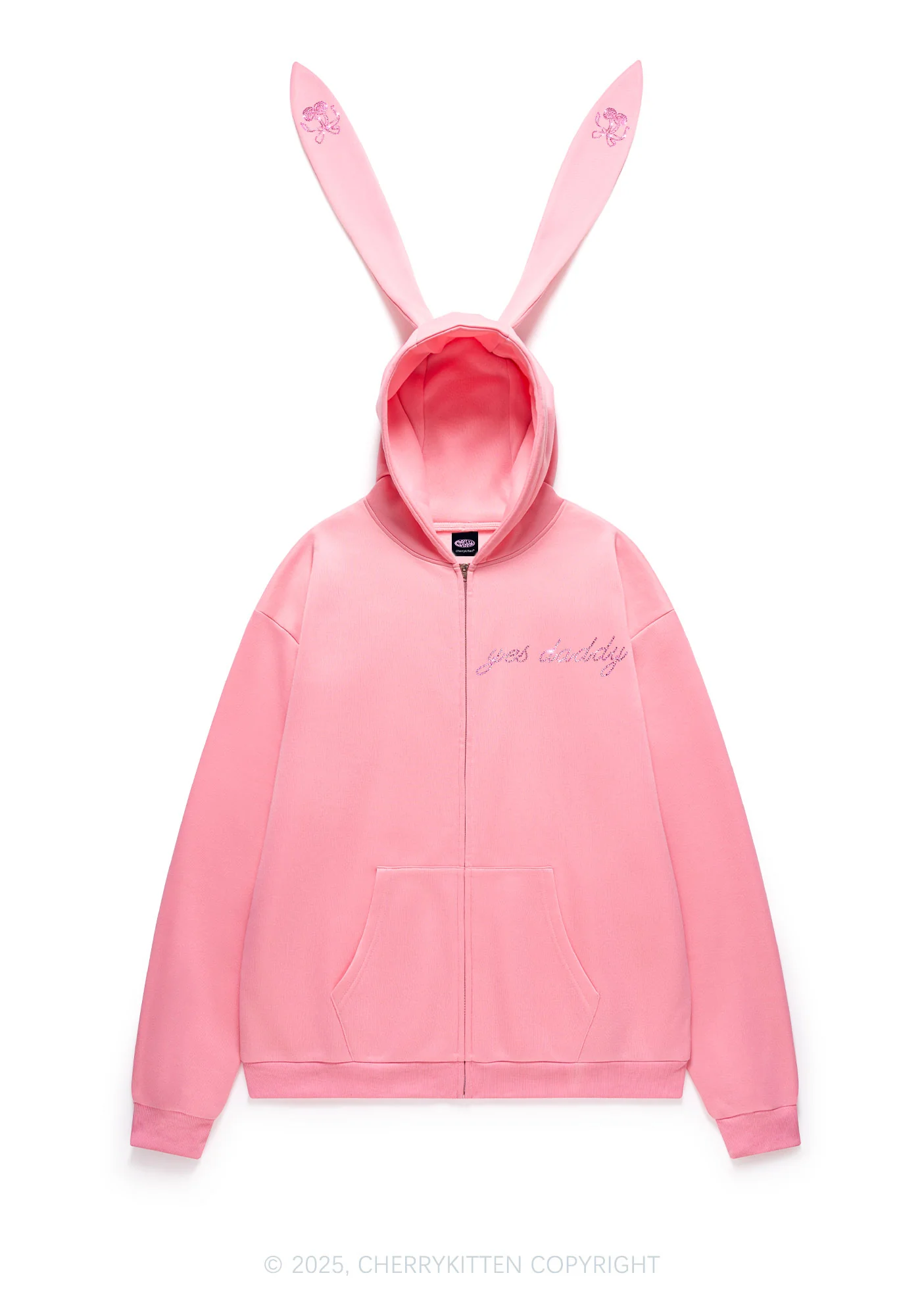 Rhinestone Yes Daddy Y2K Bunny Ear Zip Hoodie Cherrykitten - Image 4