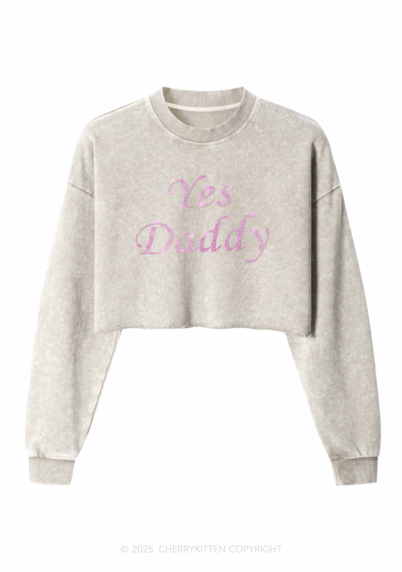 Rhinestone Yes Daddy Y2K Crop Washed Sweatshirts Cherrykitten - Image 4