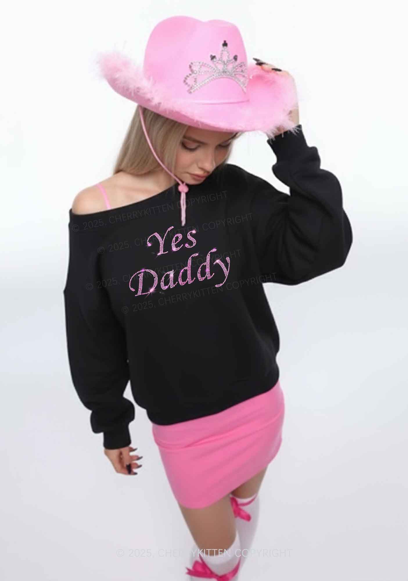 Rhinestone Yes Daddy Y2K Off Shoulder Sweatshirts Cherrykitten - Image 2